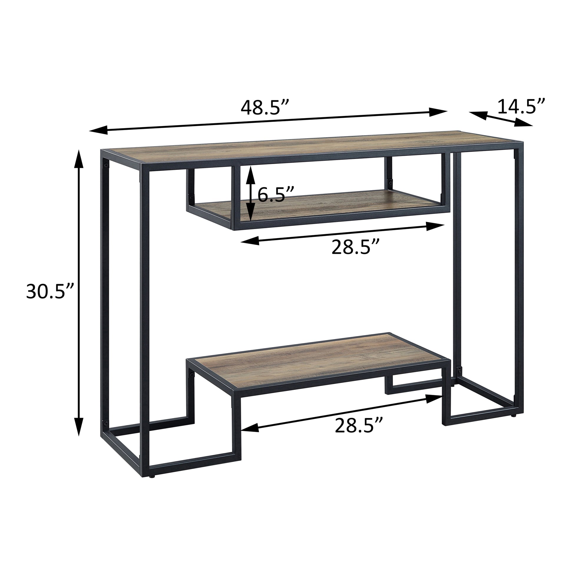 Rustic Oak And Black Console Table With 2 Shelves Rustic Primary Living Space Industrial Oak Shelves Rectangular Wood Metal Sled
