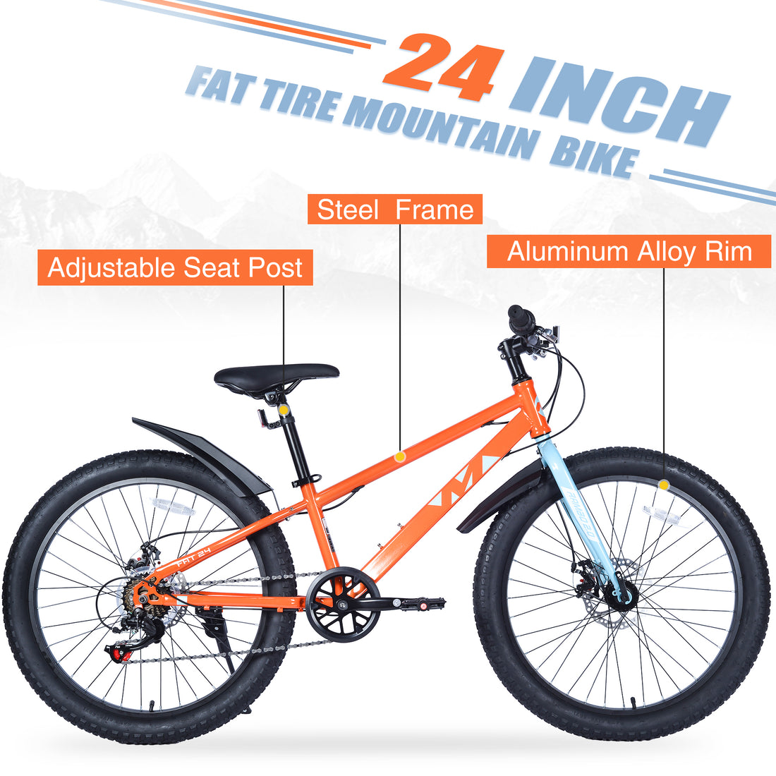 24 Inch Bicyclesfat Tire Mountain Bike For Boys And Girls Age 10 Years ,Dual Disc Brake,Shimano 7 Speed ,Kids Beach And Snow Bicycle Orange Steel