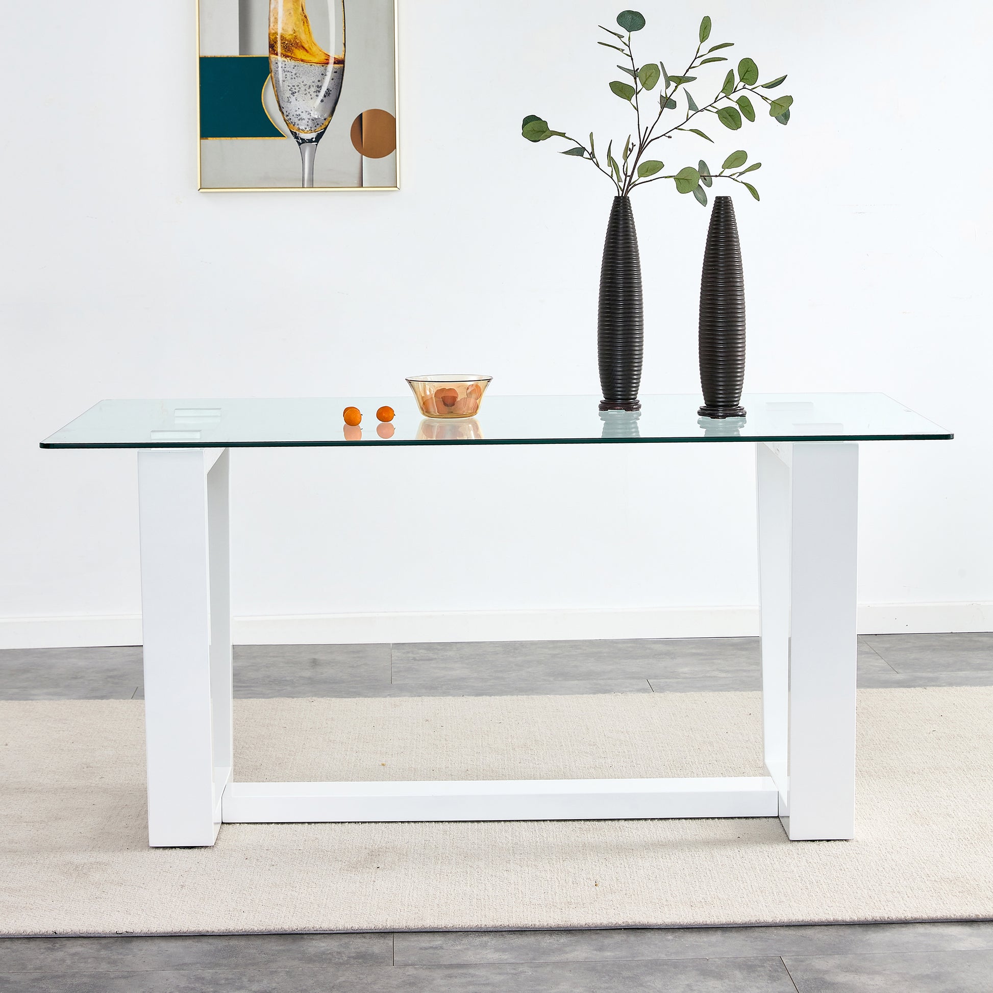 Glass Dining Table Large Modern Minimalist Rectangular For 6 8 With 0.4" Tempered Glass Tabletop And White Mdf Trapezoid Bracket,For Kitchen Dining Living Meeting Room Banquet Hall F 1550 Transparent Mdf Glass