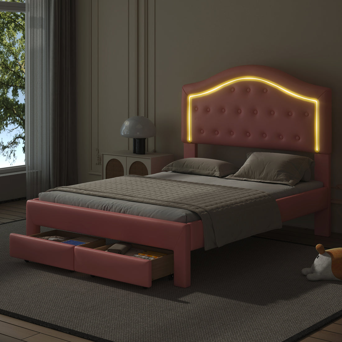 Full Size Upholstered Platform Bed With Tufted Headboard, Led And 2 Drawers, Pink Box Spring Not Required Full Pink Wood Bathroom Bed Frame Faux Leather Upholstered