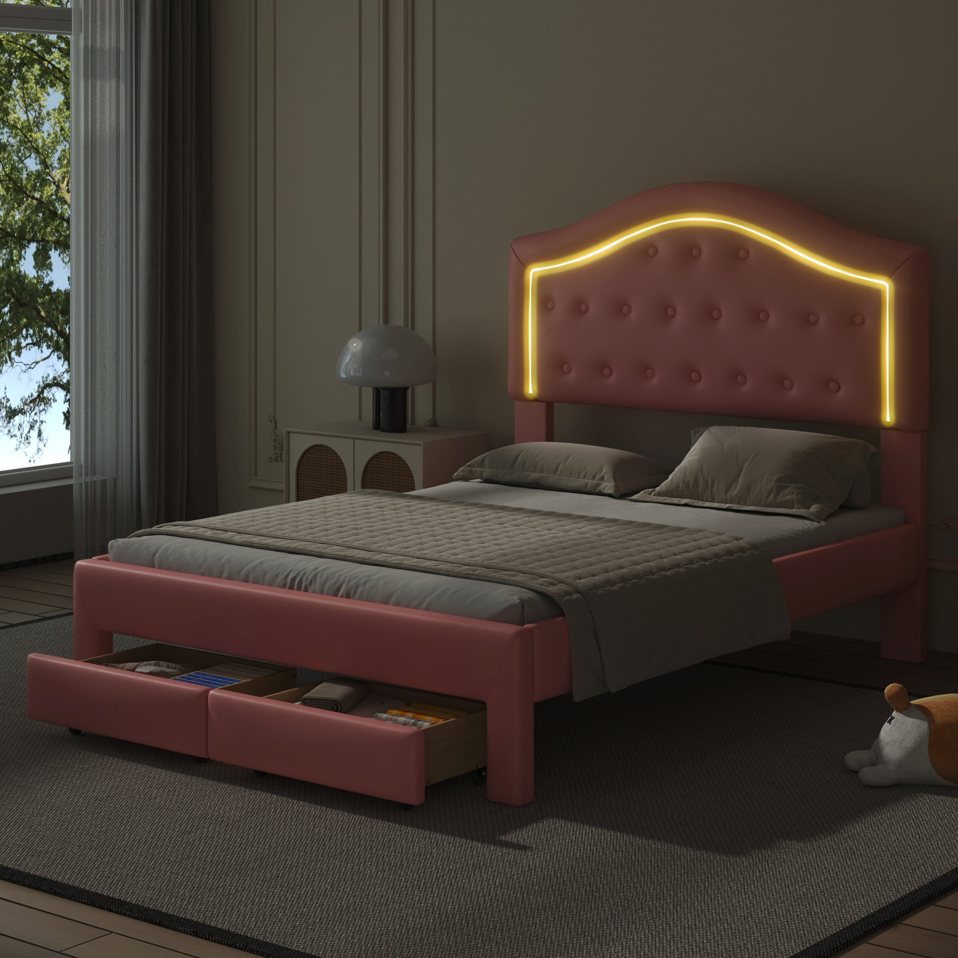 Full Size Upholstered Platform Bed With Tufted Headboard, Led And 2 Drawers, Pink Box Spring Not Required Full Pink Wood Bathroom Bed Frame Faux Leather Upholstered