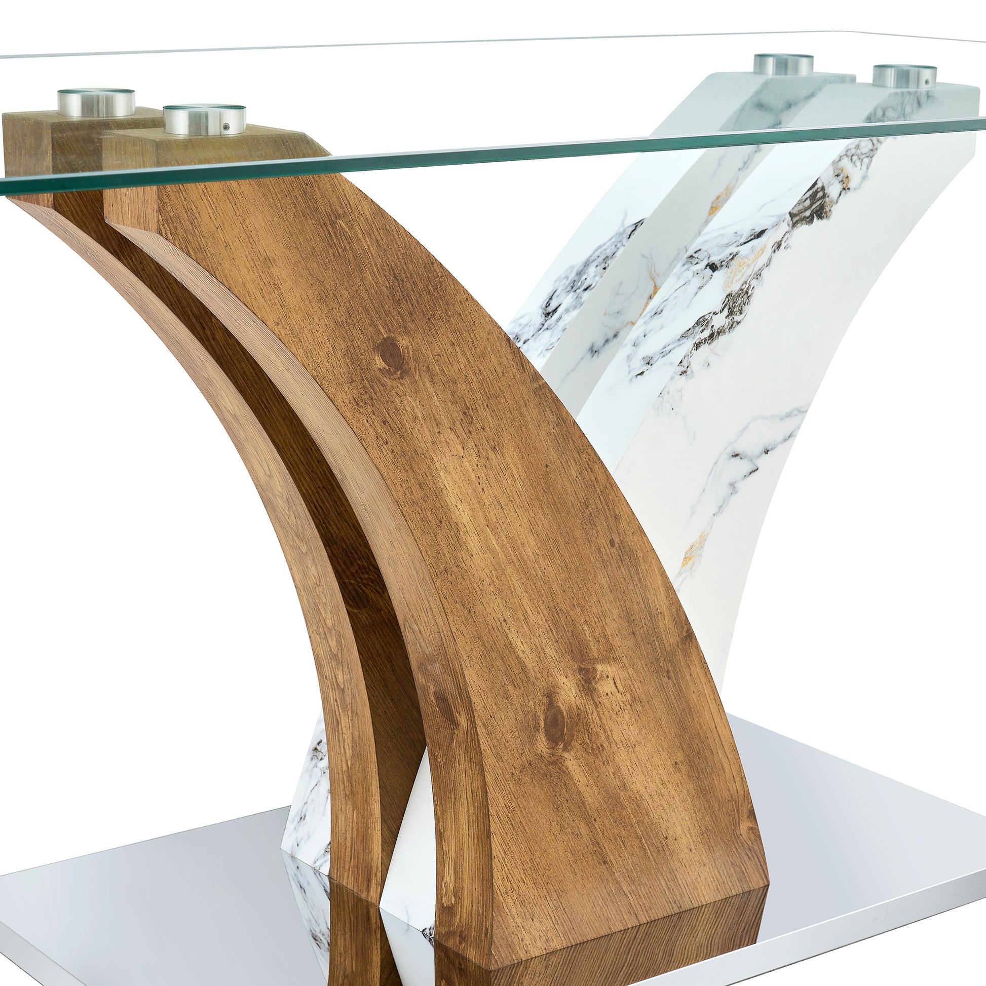 Table And Chair Set.Modern Dining Table, Tempered Glass Countertop With Artistic Mdf Legs.Paried With 6 Comfortable Chairs With Pu Seats And Metal Legs. Suitable For Various Decoration Styles. Gray,Transparent Seats 6 Mdf Glass