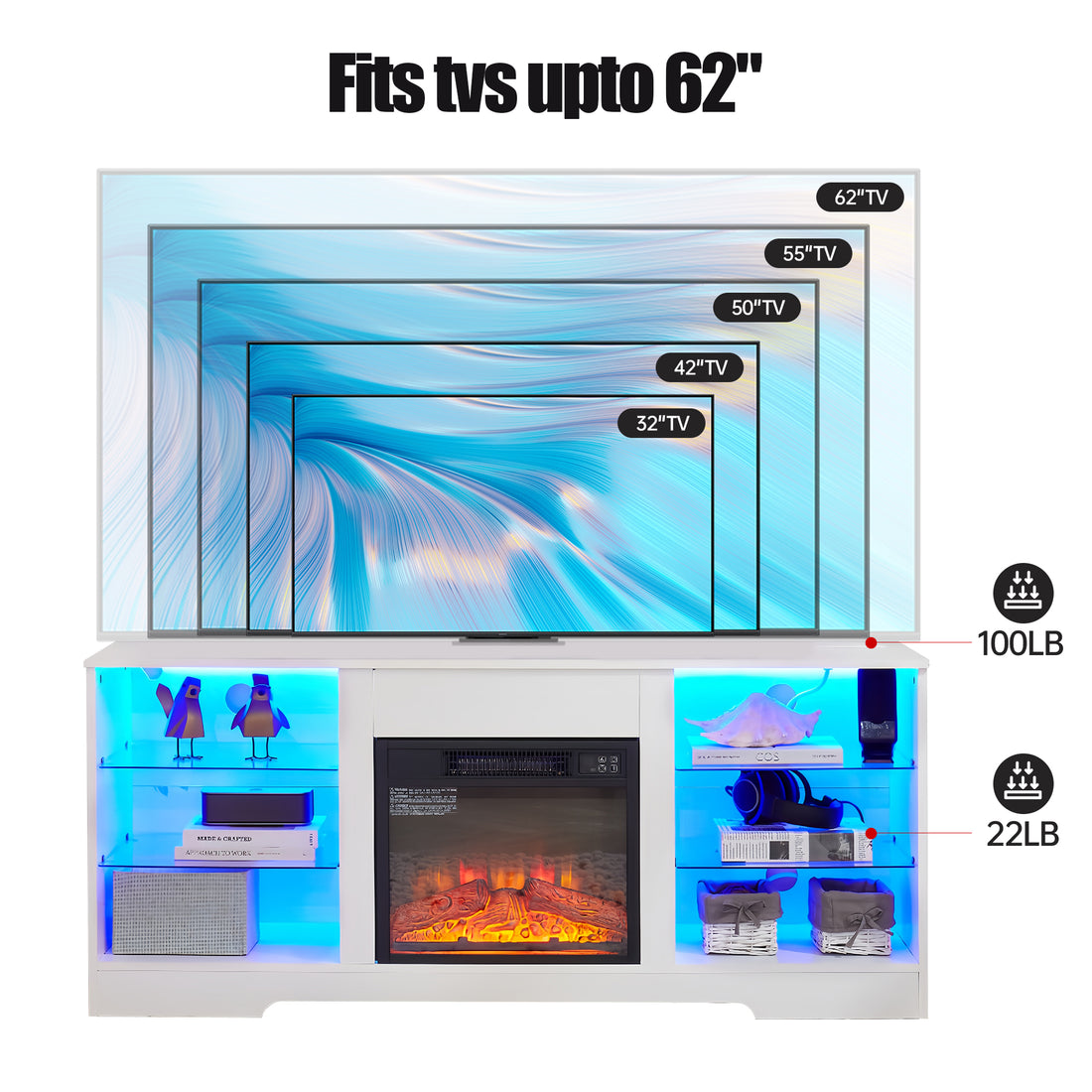 Tv Stand Electric Fireplace Glass Shelves, 3D Fireplace Tv Stand With Led Lights Wood With Usb Charging Outlet Modern Television Table Center For Tv Up To 62" White, 58''W*15.5''D*24.4 White 50 59