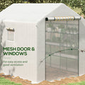 Outsunny 8' X 6' X 7' Walk In Greenhouse With Mesh Door And Windows, 18 Shelf Green House With Trellis, Plant Labels, Uv Protective For Growing Flowers, Herbs, Vegetables, Saplings, White White Steel