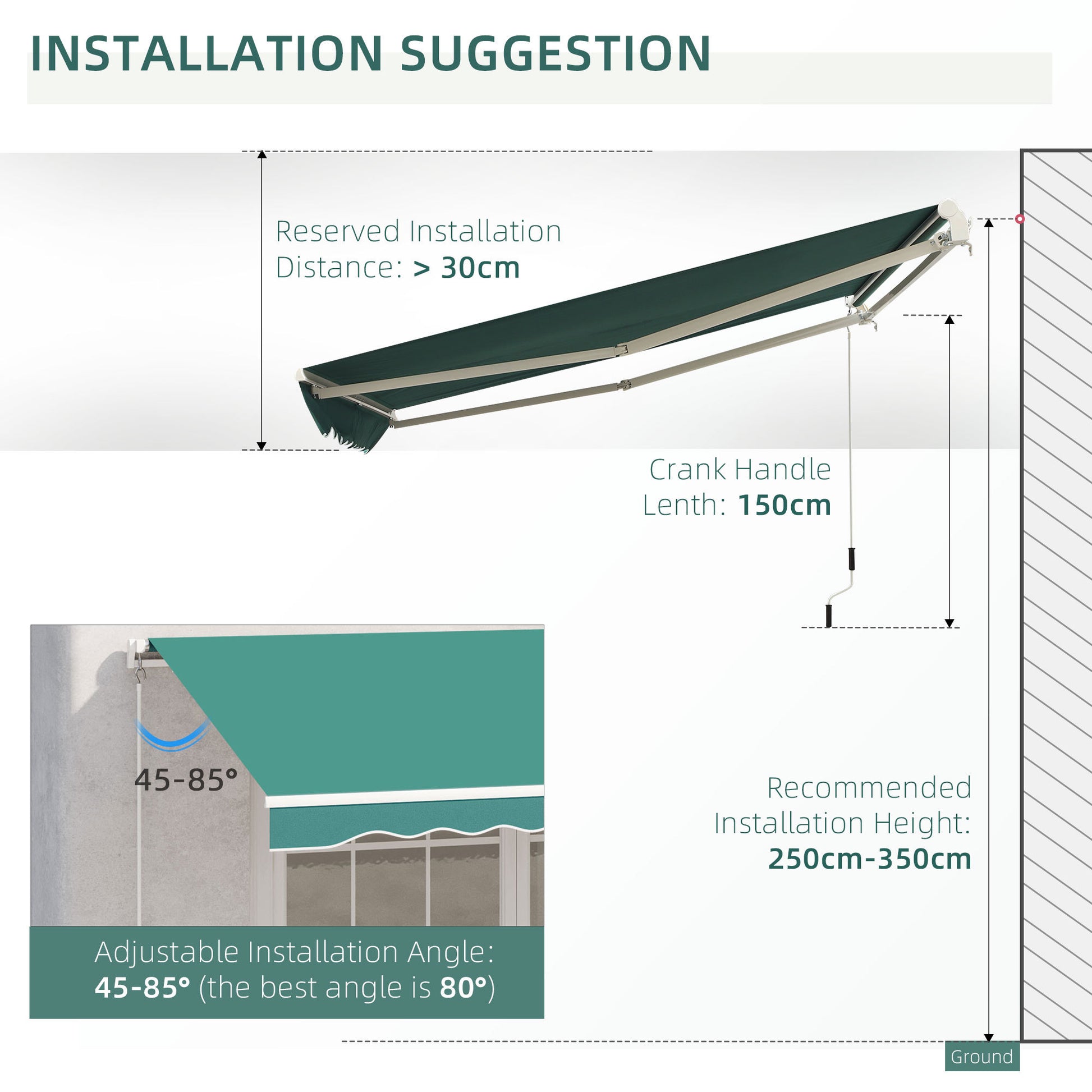 Outsunny 13' X 8' Retractable Awning, Patio Awnings, Sunshade Shelter W Manual Crank Handle, Uv & Water Resistant Fabric And Aluminum Frame For Deck, Balcony, Yard, Green Green Aluminum