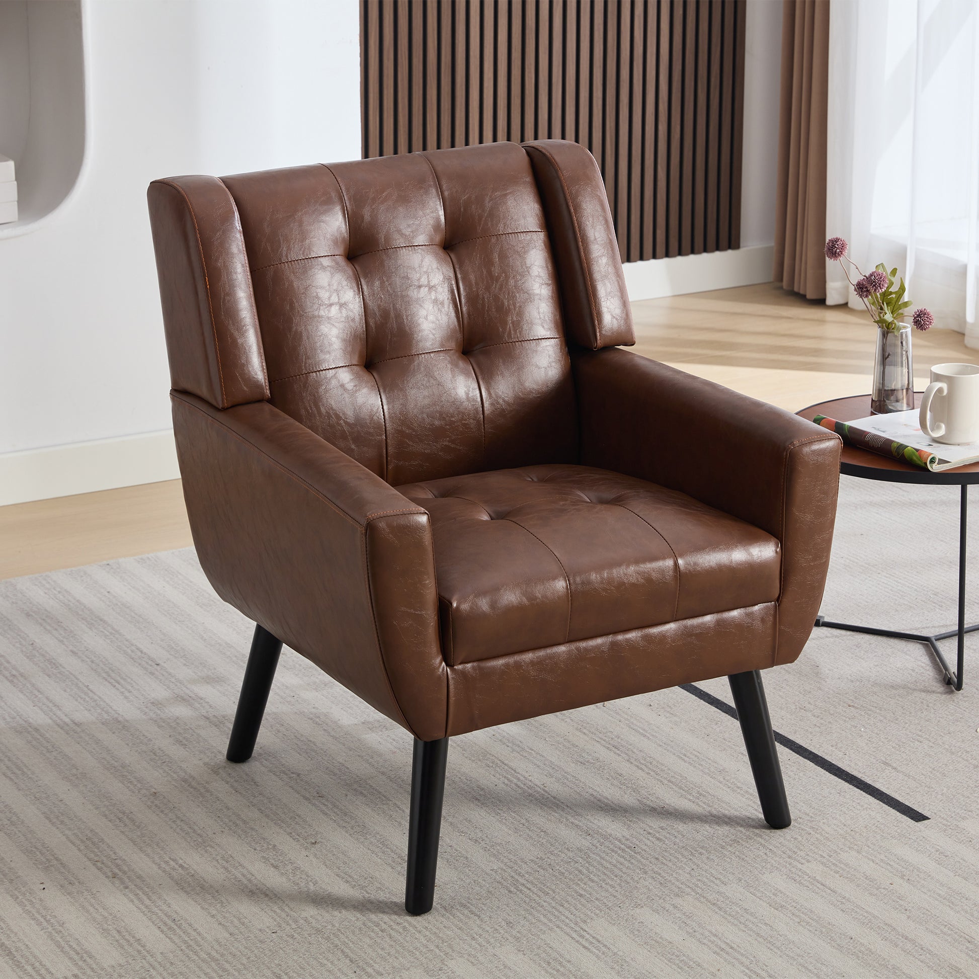 Modern Soft Leather Material Ergonomics Accent Chair Living Room Chair Bedroom Chair Home Chair With Black Legs For Indoor Home Brown Pu Brown Foam Upholstered