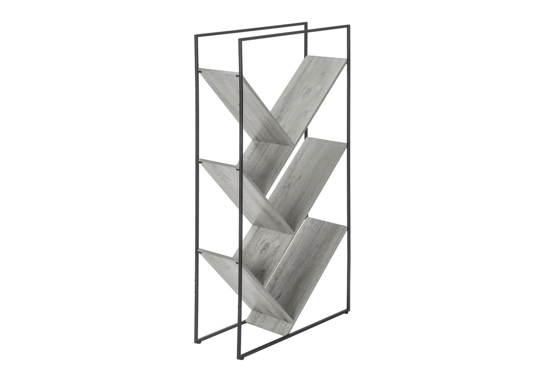 Bookshelf, Bookcase, Etagere, 3 Tier, 60"H, Office, Bedroom, Grey Laminate, Black Metal, Contemporary, Modern Grey Metal