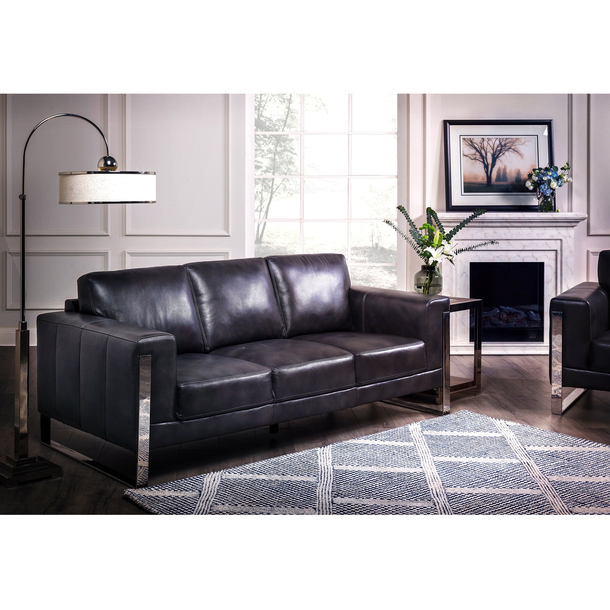 Modern Leather Metal Leg Sofa Charcoal Grey Leather 3 Seat