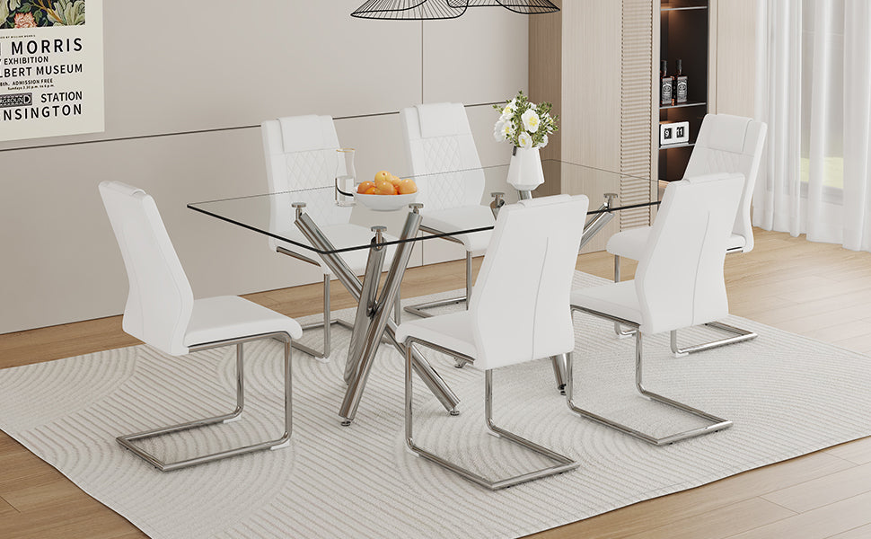 Table And Chair Set.Large Minimalist Rectangular Glass Dining Table For 6 8 With 0.39" Tempered Glass Tabletop And Silver Chrome Metal Legs.Paried With Comfortable Chairs With Pu Seats And Metal Legs. Silver Seats 6 Glass Metal