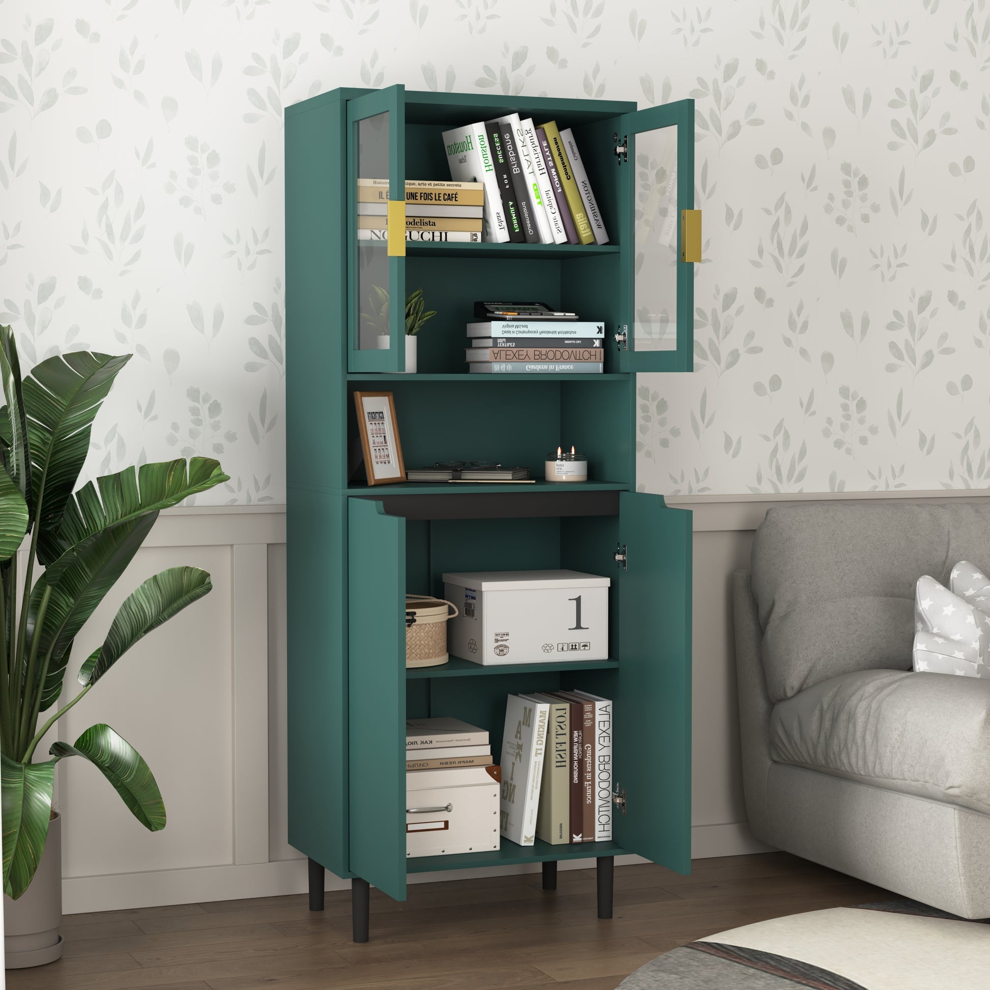 Tall Storage Show Cabinet With 2 Glass Display Door & 2 Doors, Tall Kitchen Pantry Cabinet With Gold Handles, Modern Cabinet Freestanding For Bathroom, Dining Living Room, Green Green Mdf