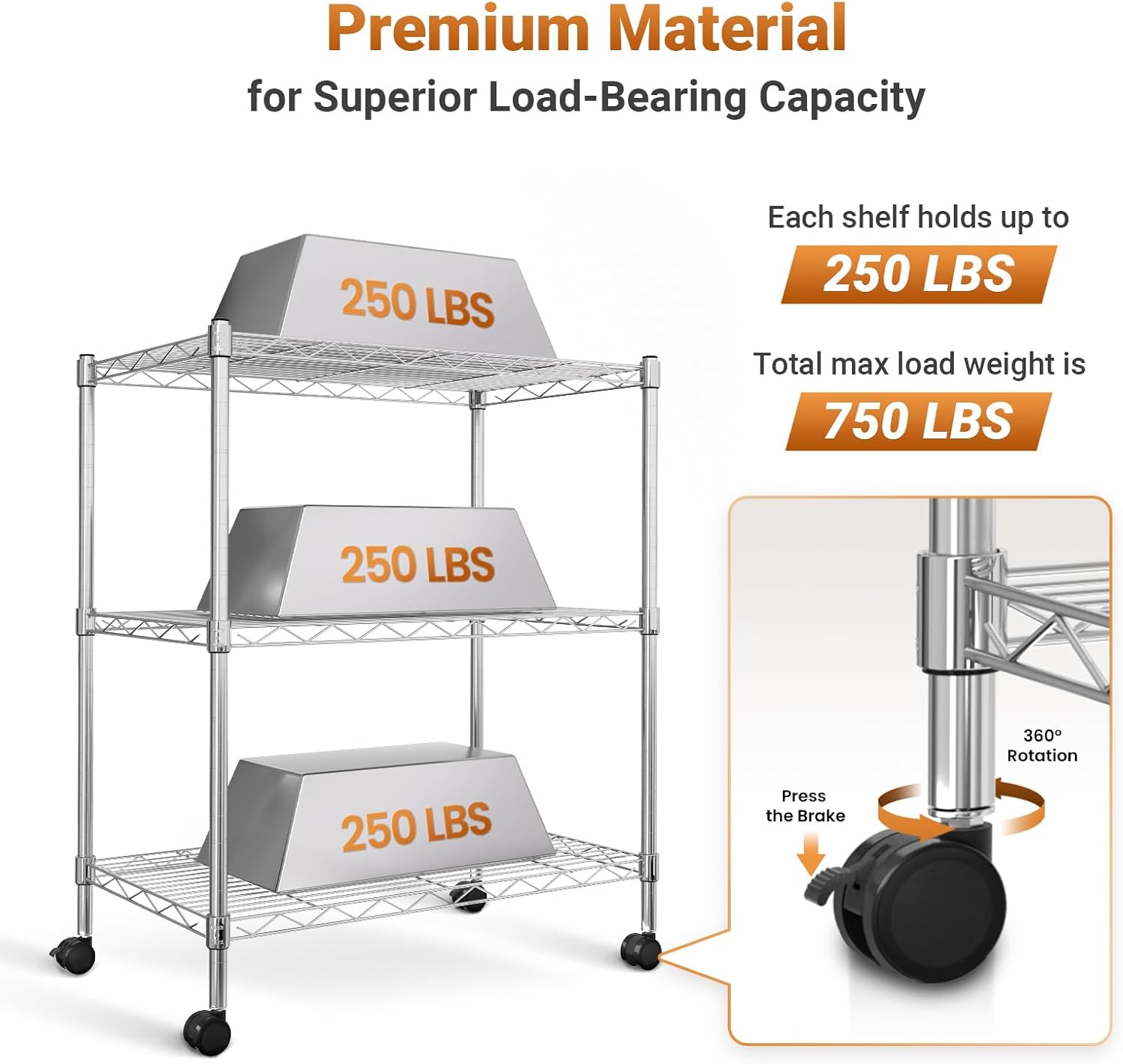 Heavy Duty 3 Tier Storage Shelves 750Lb Capacity, 24.02" D X 13.78" W X 29.92" H Adjustable Shelving Unit With Wheels, Chrome, 2 Pack Silver Steel