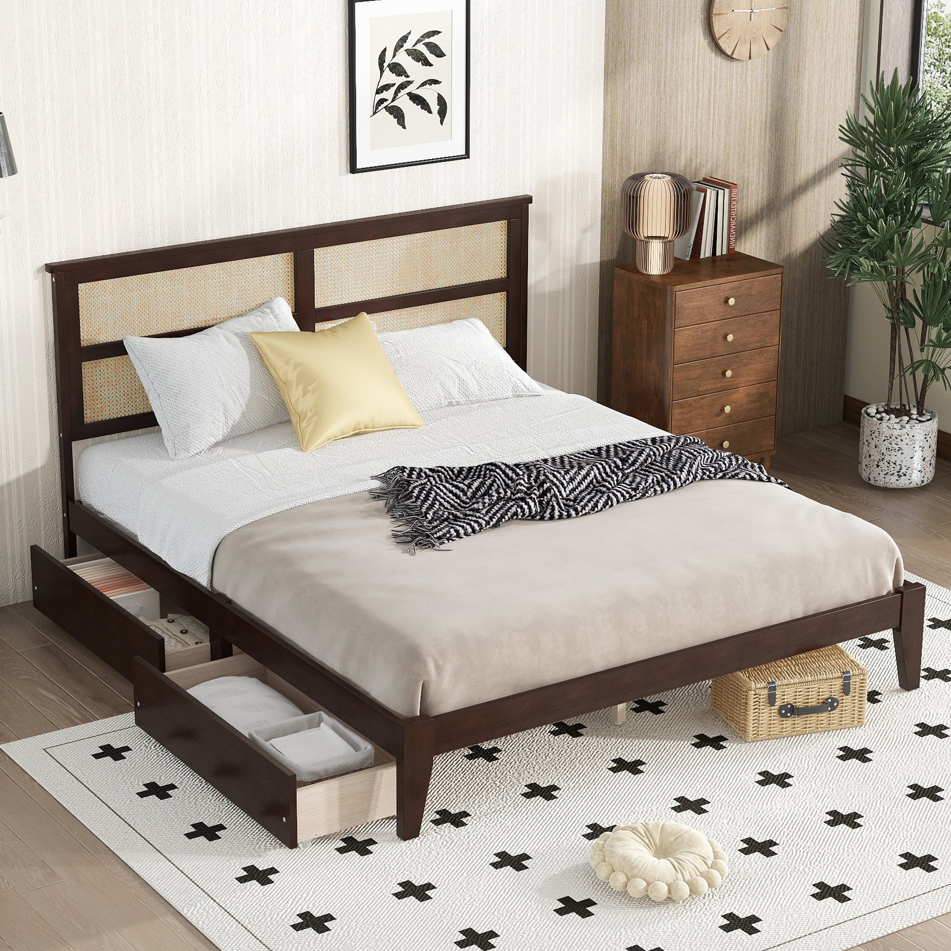 King Size Bed With Rattan Headboard, Two Storage Drawers, Rubber Wood Bed With Enhanced Support Salts And Feet,Espresso King Espresso Rubber Wood