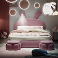 Full Size Upholstered Platform Bed With Cartoon Ears Shaped Headboard And Light, Pink Box Spring Not Required Full Pink Wood Bedroom Bed Frame Velvet Upholstered