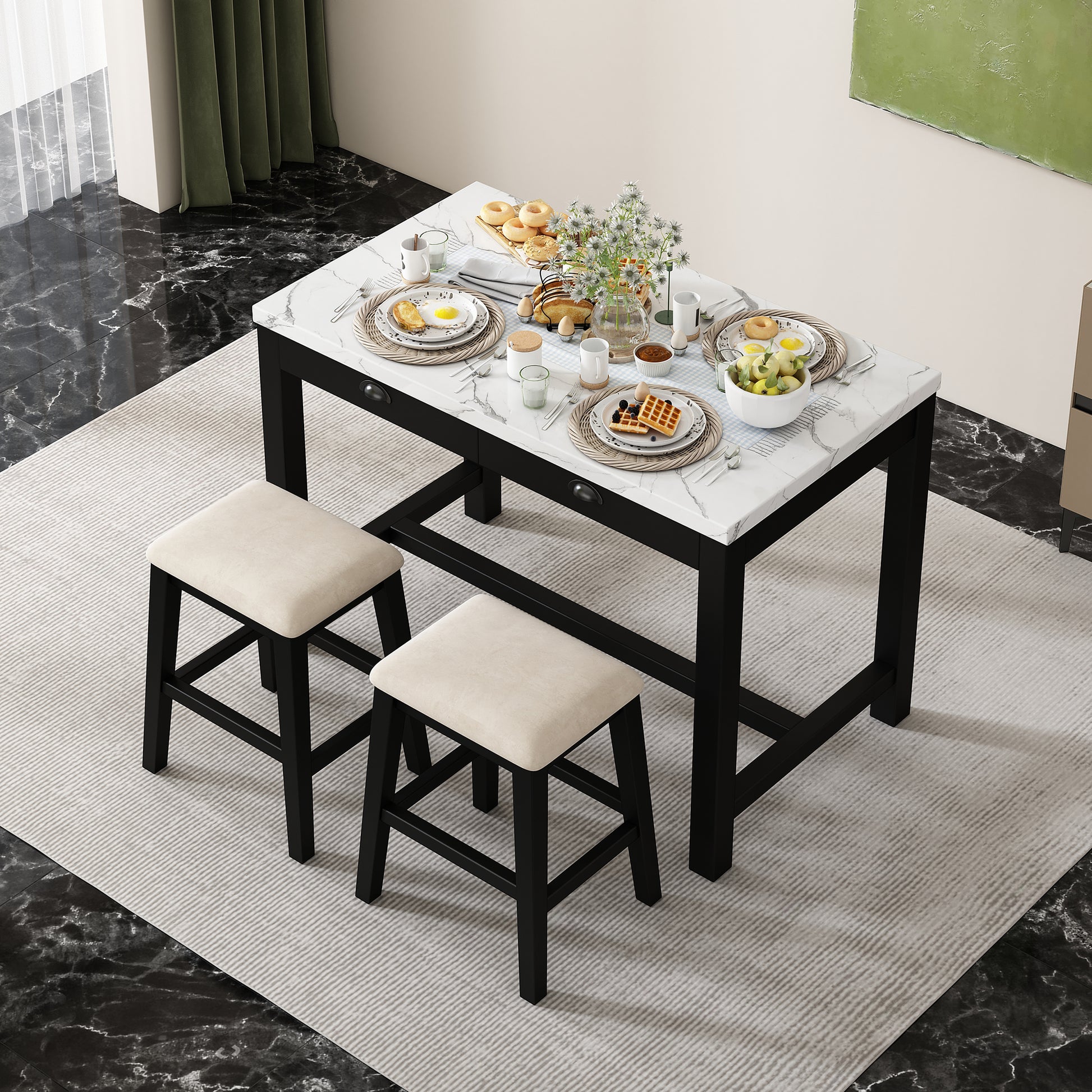 5 Piece Modern Faux Marble Versatile Bar Table Set With Storage Drawers And Padded Stools, Ideal For Space Saving Dining Nooks Or Small Kitchens Black Black Solid Wood Mdf