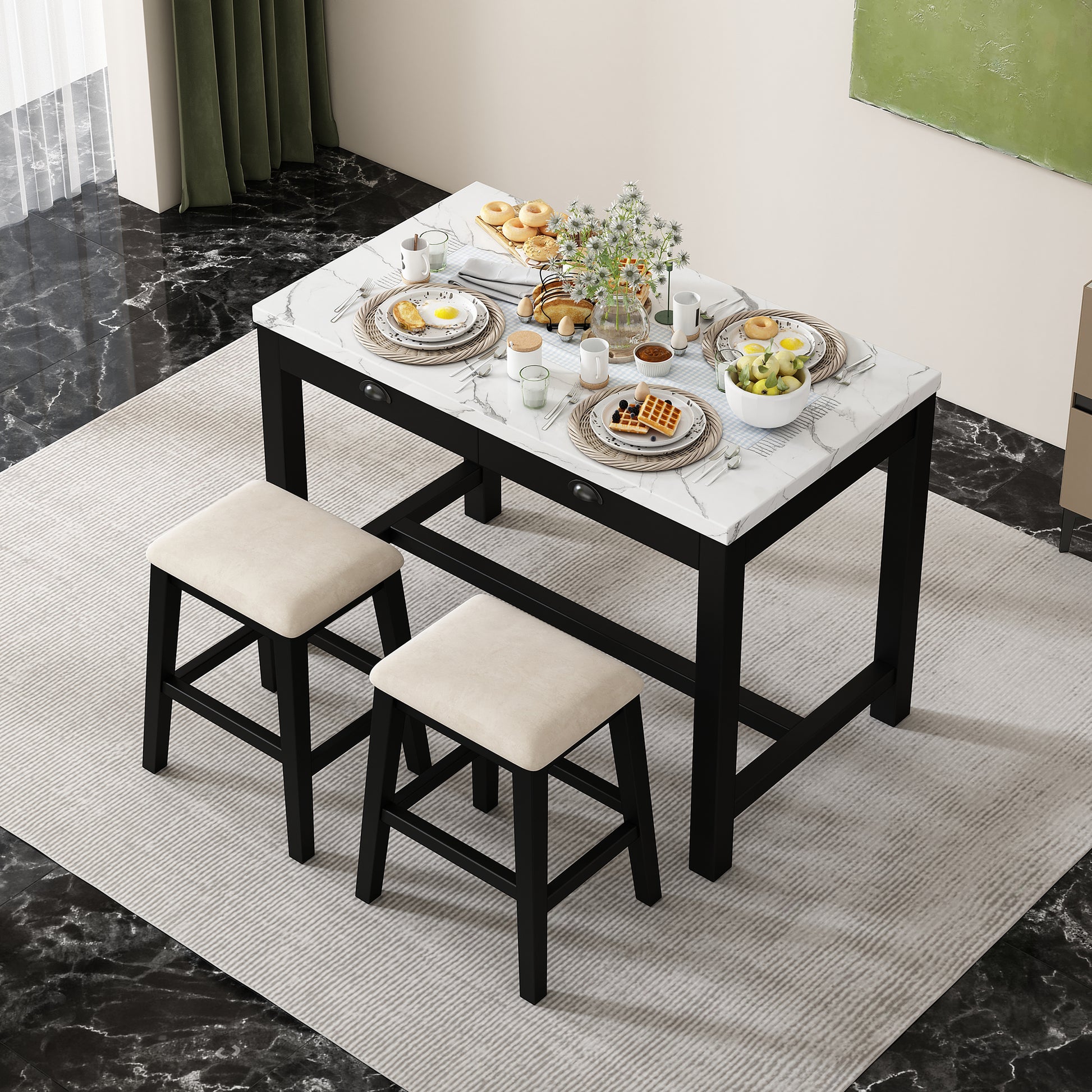 3 Piece Modern Faux Marble Versatile Bar Table Set With Storage Drawers And Padded Stools, Ideal For Space Saving Dining Nooks Or Small Kitchens Black Black Solid Wood Mdf