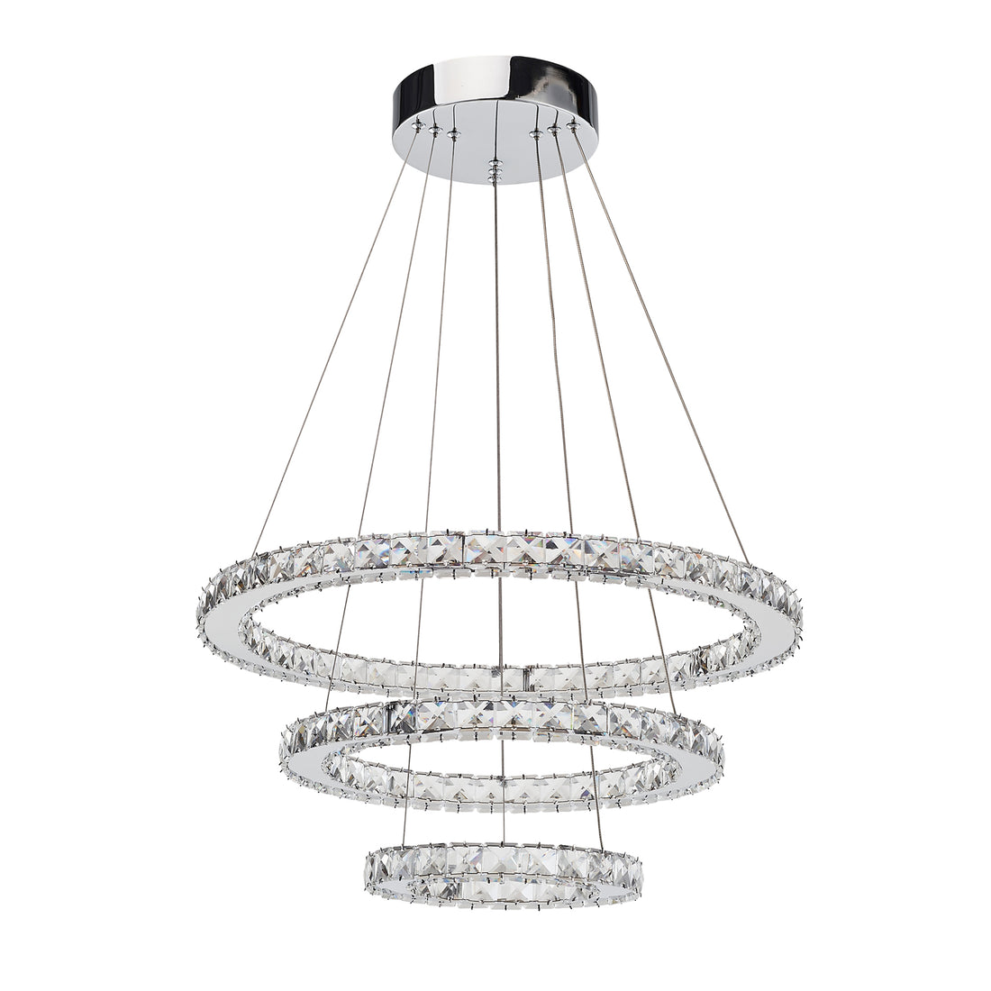 3 Layers Round Ring Chandelier, Iron Stainless Steel Crystal Chrome Color 4000K Natural White Lighting Fixtures, 60W Led Pendant Light For Living Room Dining Room Chrome Ceiling Lights 3100K 4200K