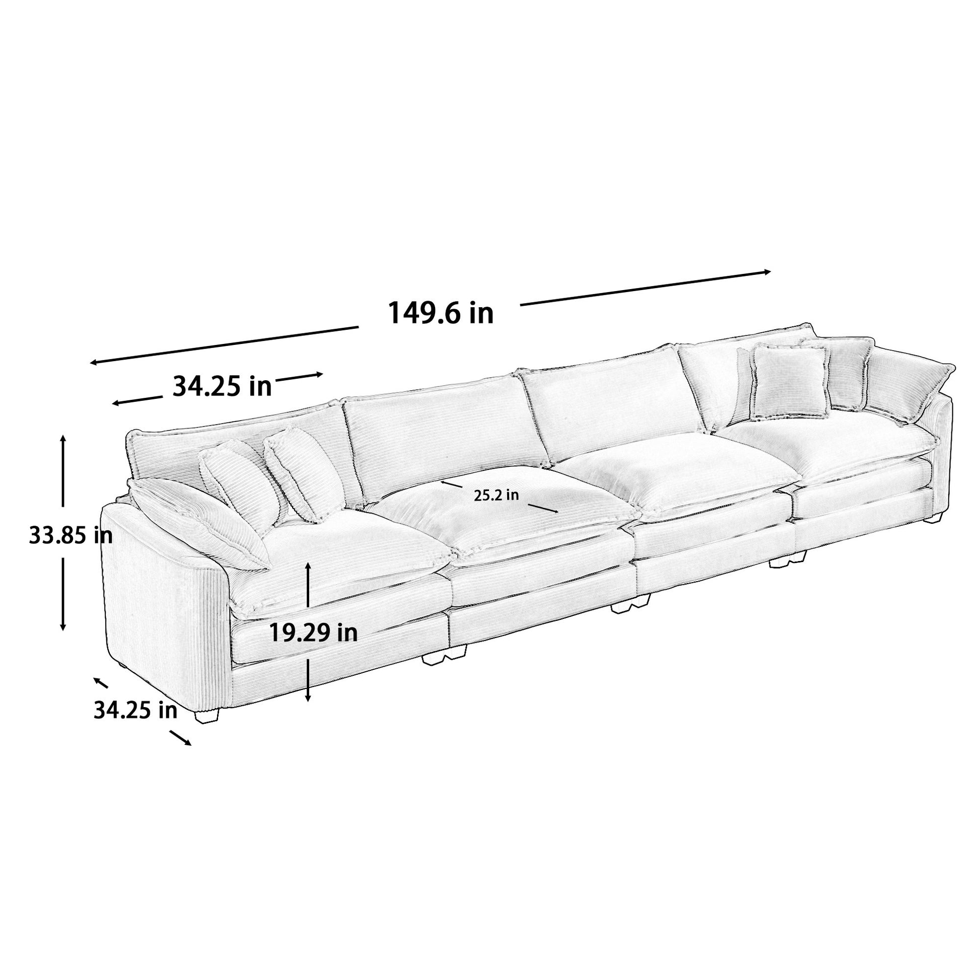 Corduroy Sofamodern Upholstered 4 Seater Corduroy Fabric Sofaoffice Living Room Apartment Comfortable Sofa, Easy To Assemble With 2 Arm Pillows And 4 Throw Pillows Grey Corduroy 4 Seat