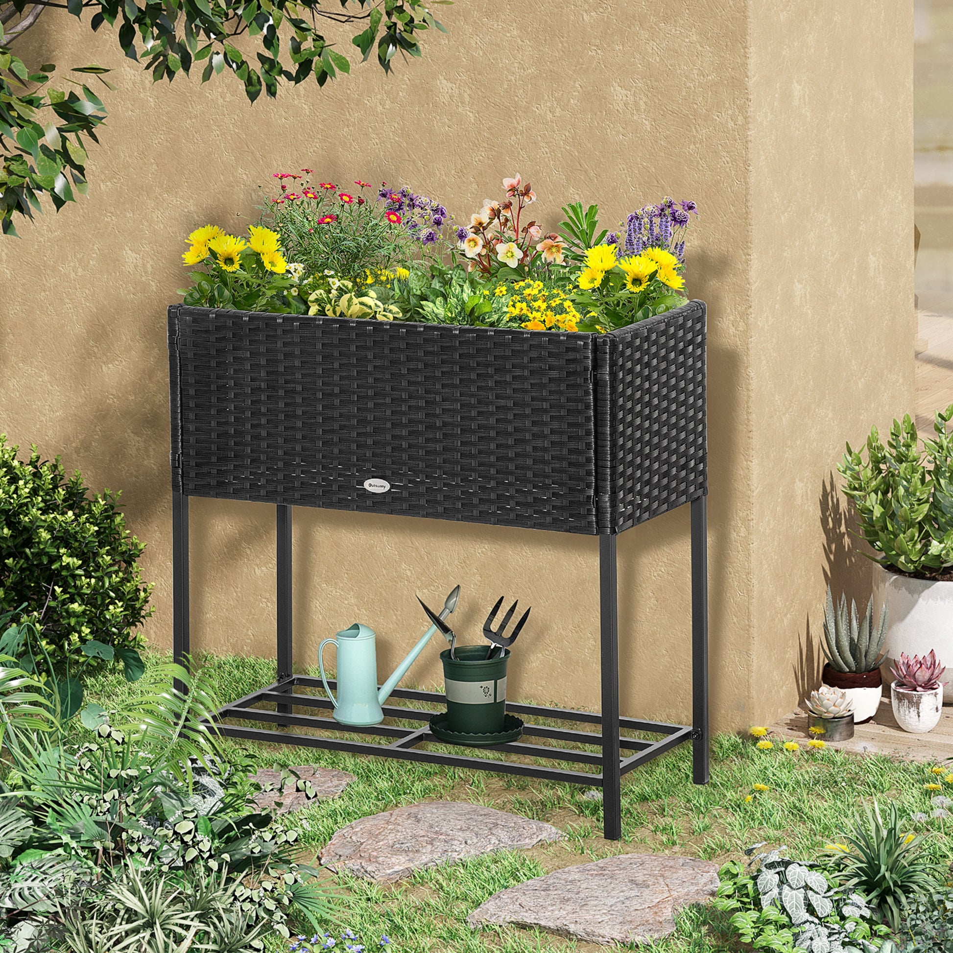 Outsunny Raised Garden Bed, Elevated Planter Box With Rattan Wicker Look, Tool Storage Shelf, Portable Design For Herbs, Vegetables, Flowers, Black Black Rattan