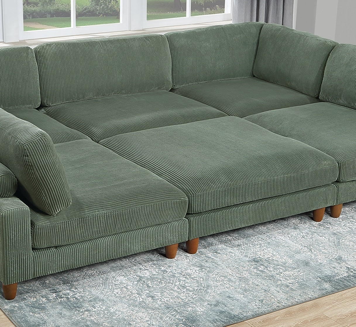 Contemporary Sage Color 6Pc Modular Sectional Set Corduroy Upholstery Couch 2X Corner Wedge 3X Armless Chairs 1X Ottoman Living Room Sage Primary Living Space Cushion Back Contemporary,Modern Modular Rubberwood Corduroy 6 Seat