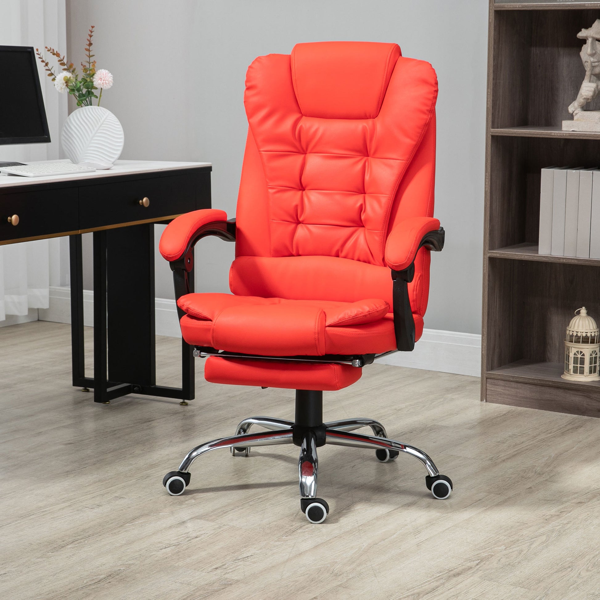 Homcom High Back Ergonomic Executive Office Chair, Pu Leather Computer Chair With Retractable Footrest, Lumbar Support, Padded Headrest And Armrest, Red Red Pu Leather