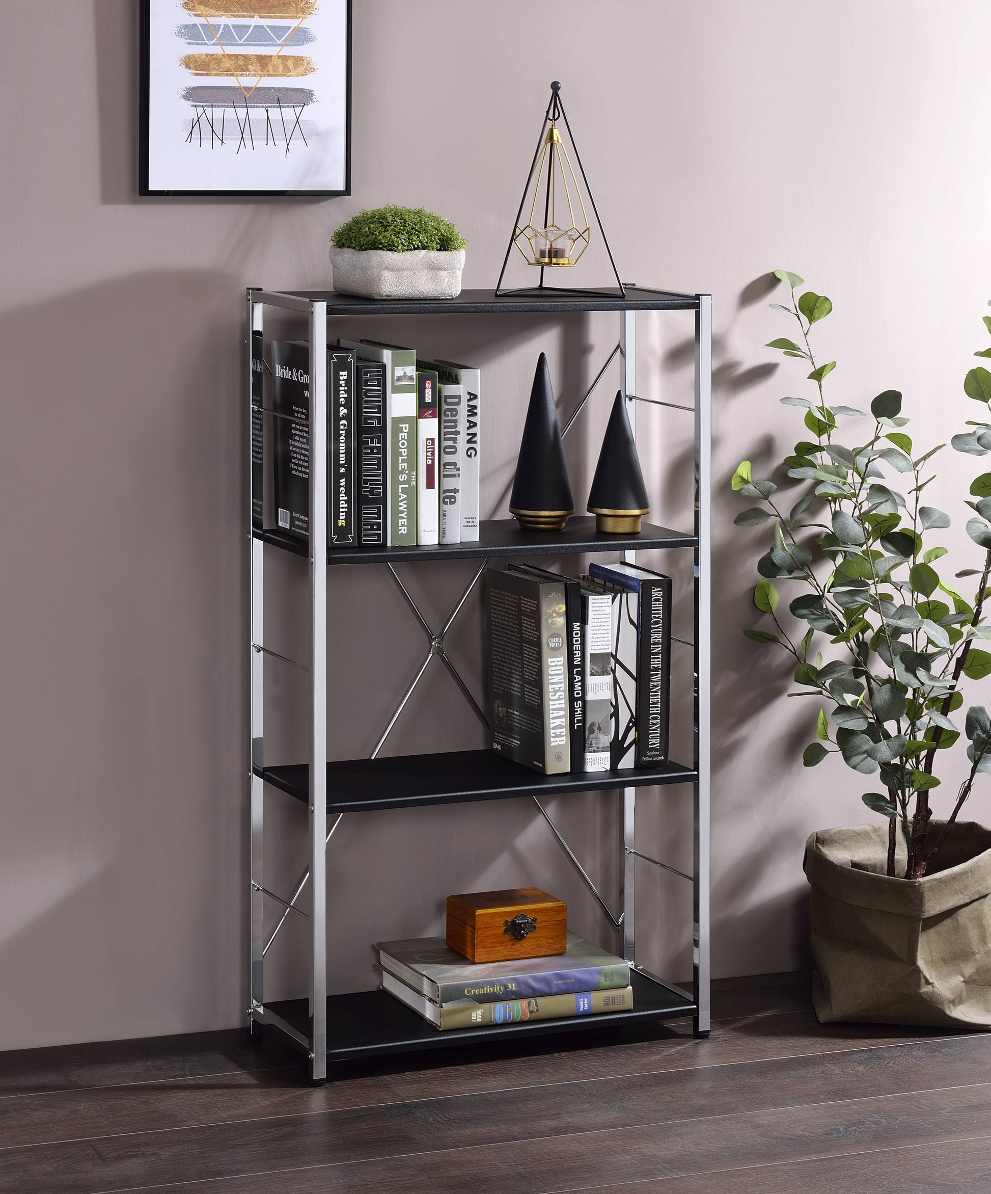 Tennos Black & Chrome Finish Bookshelf Black,Chrome Metal,Synthetic Wood