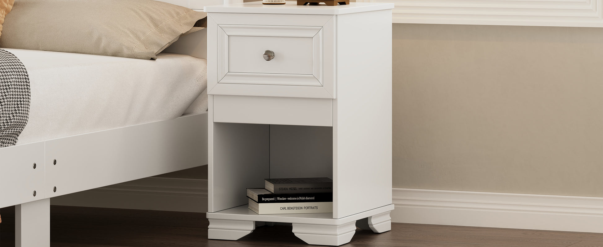 Elegant Design Nightstand With Drawer And Open Shelf For Bedroom, Retro Style Bedside Table With Classic Design And Metal Handle,White White Wood