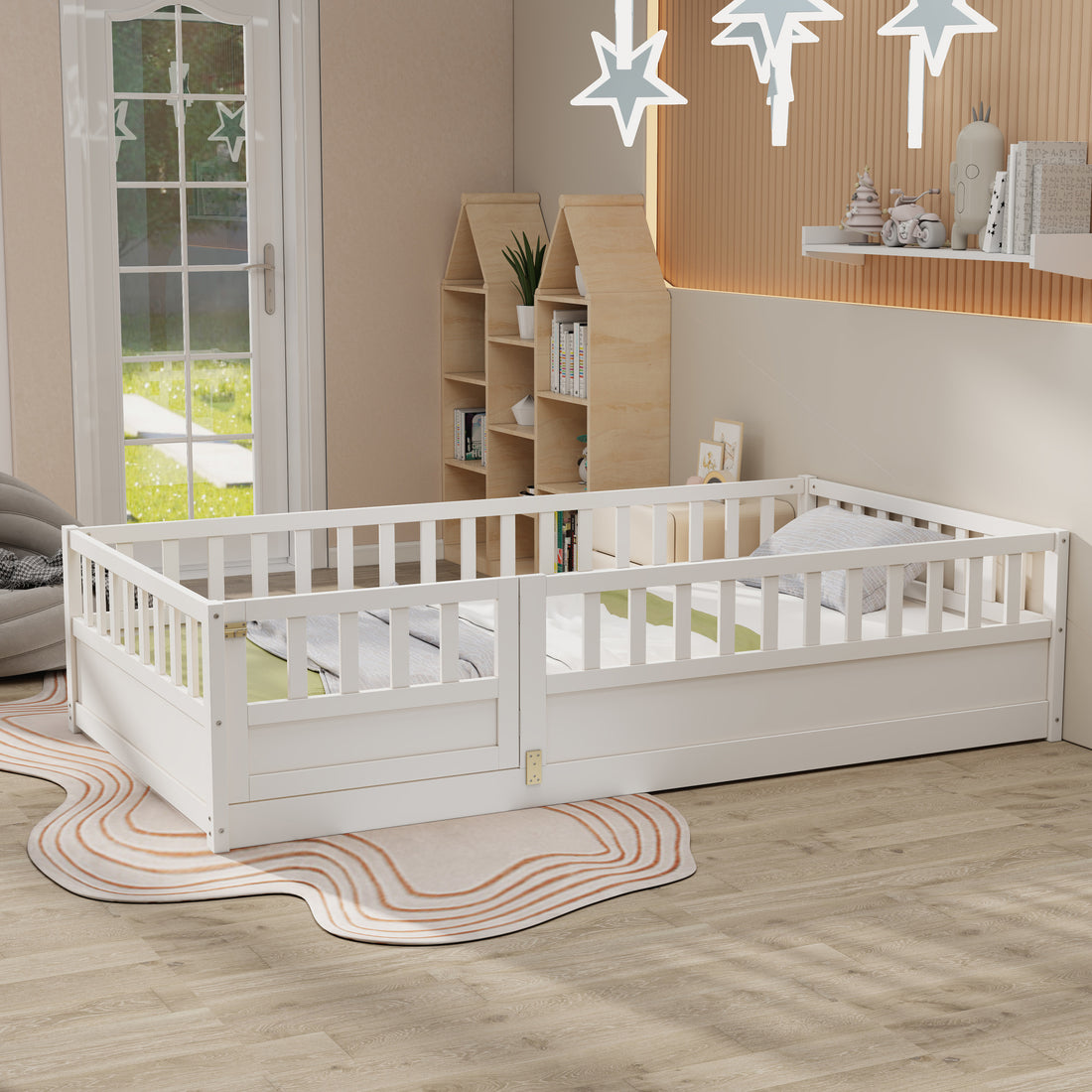 Twin Size Floor Bed, Integral Construction With Super High Security Barrier, Door, Children'S Floor Bed Frame, Montessori Wooden Children'S Floor Bed, Support Slat White Box Spring Required Twin White Wood Brown Bedroom American Design,Artsy Pine Bed