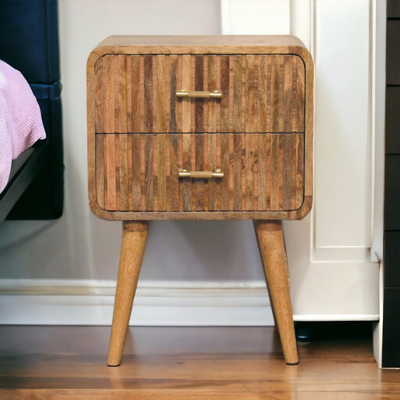 Solid Wood T Bar Ridged Nightstand Brown Light Brown 2 Drawers Bedroom Bedside Cabinet Modern Mango Drawers Oak Solid Wood