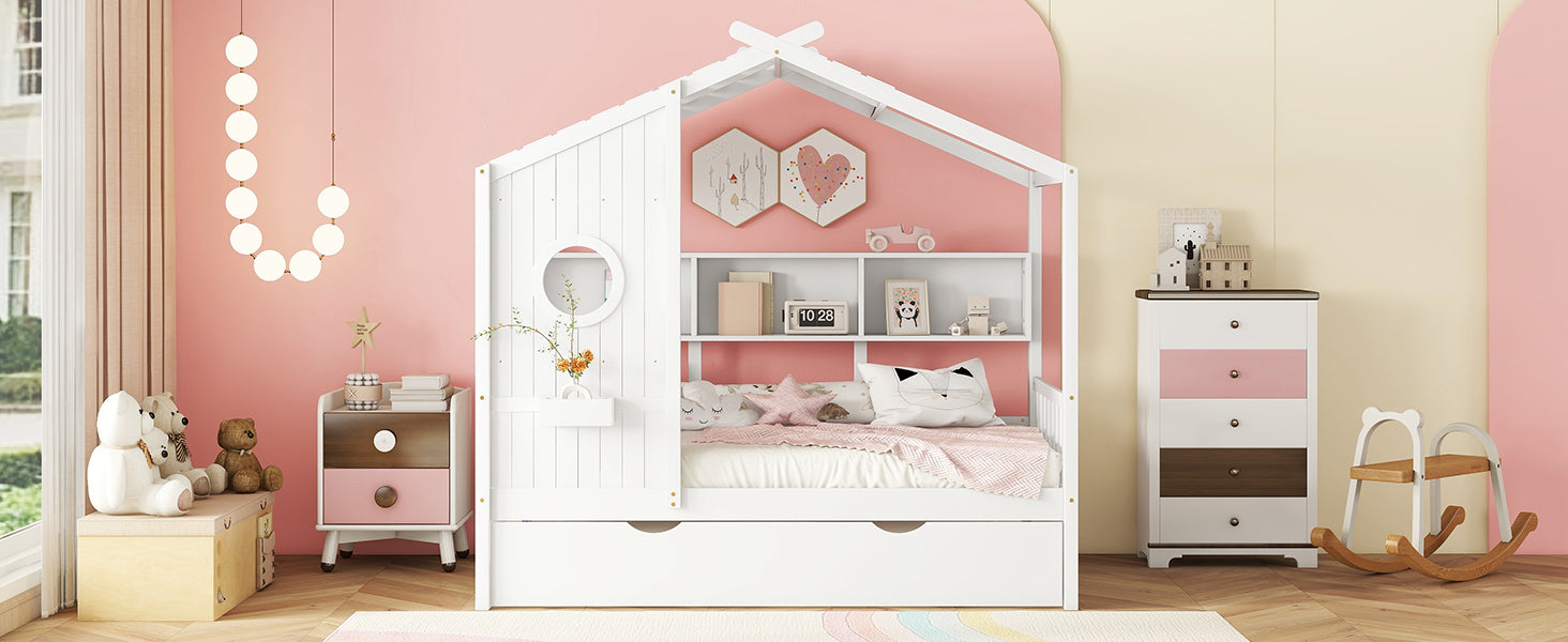 Wooden Twin Size House Bed With Trundle, Modern Design For Kids With Storage Shlef, White Twin White Solid Wood