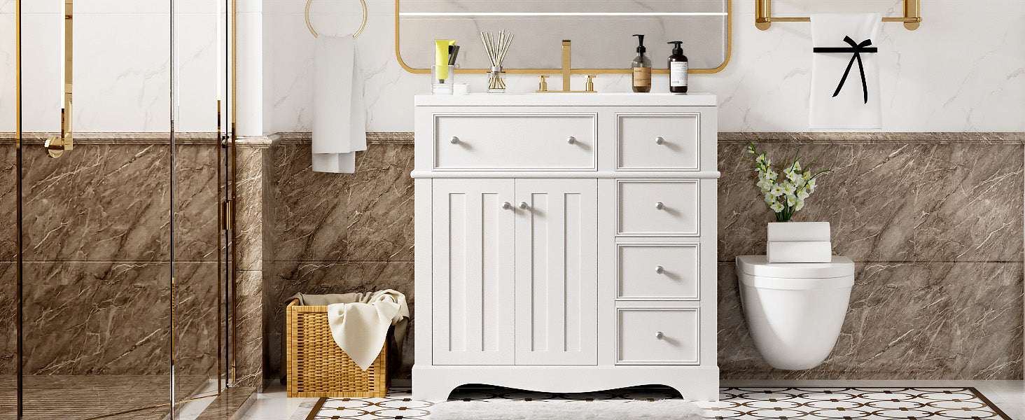 36'' Bathroom Vanity With Resin Sink Combo, Solid Wood Frame Bathroom Storage Cabinet, Freestanding Vanity Set With 3 Drawers& Adjustable Shelf White Bathroom Modern Solid Wood Mdf Resin