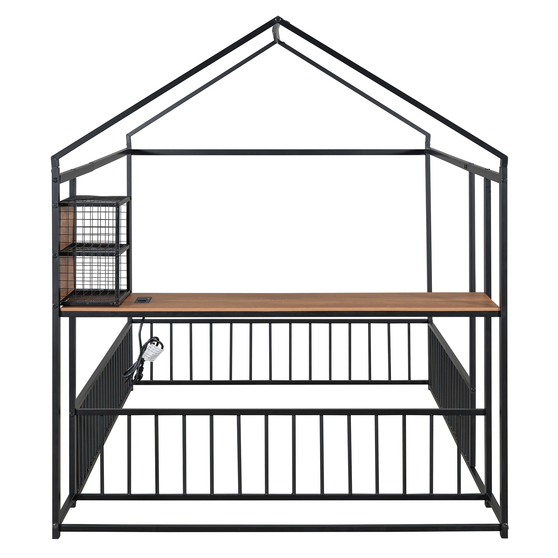 Full Size Metal Bed House Bed Frame With Desk, Shelves, Power Outlets And Usb Ports, Black Full Black Metal