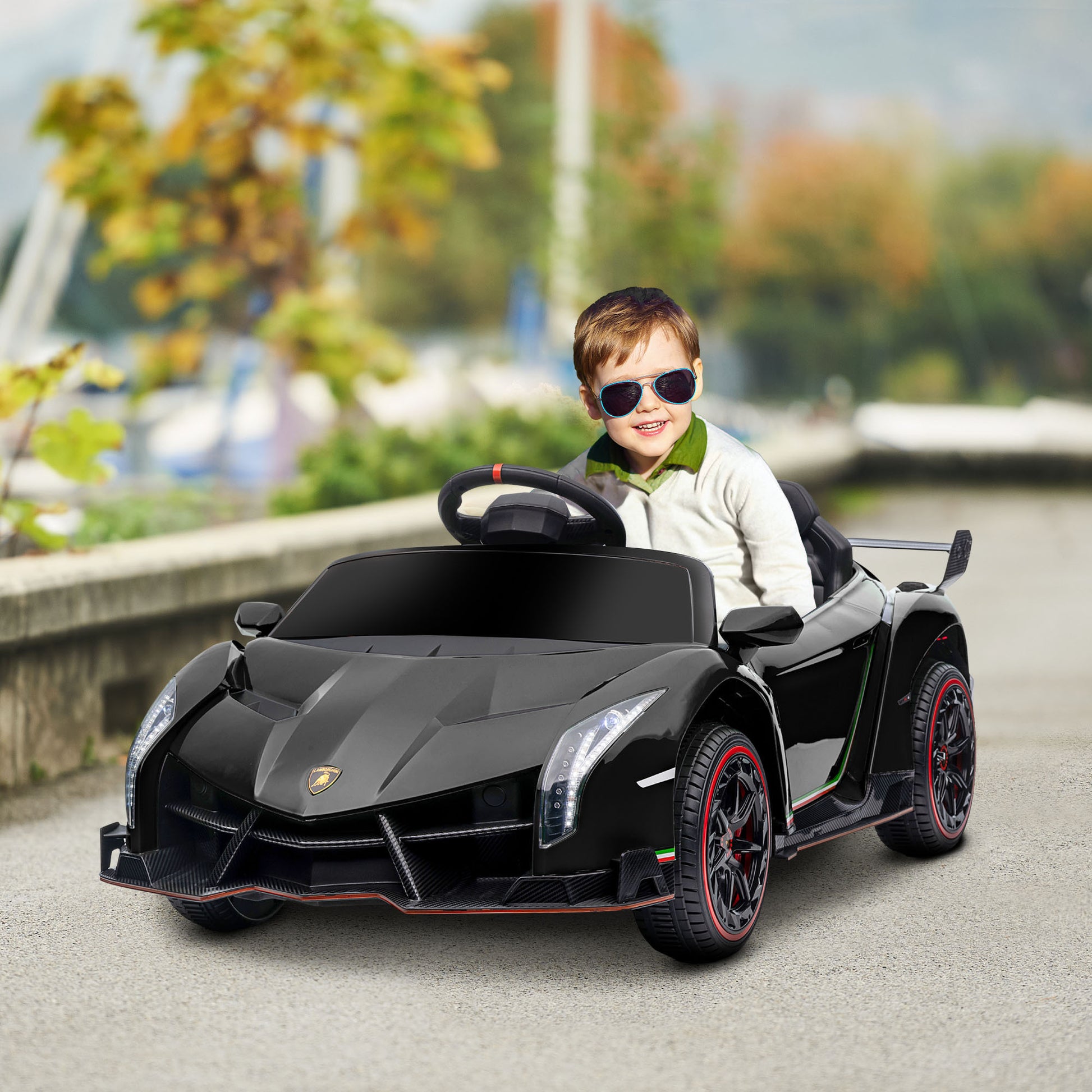 Aosom Lamborghini Veneno Licensed Kids Electric Car With Bluetooth, 12V Ride On Car With Butterfly Doors, Remote Control, Portable Battery, Suspension System, Horn, Songs, Lights, Black Black Plastic