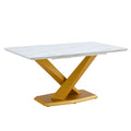 Table And Chair Set, The Table Is Equipped With A Marble Patterned Mdf Tabletop And Gold Table Legs.Dining Chairs,Gold Legged Upholstered Chairs Made Of Artificial Leather. Gold White Seats 4 Mdf