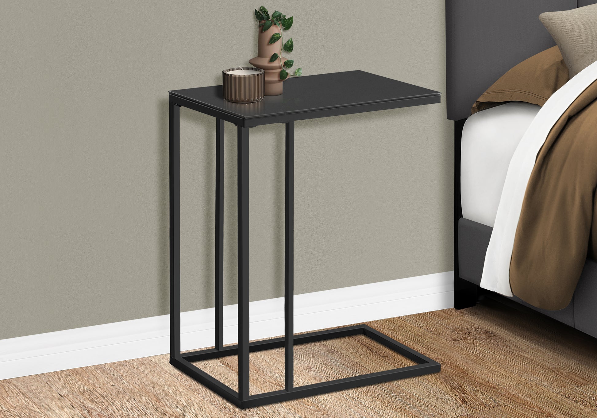 Accent Table, C Shaped, End, Side, Snack, Living Room, Bedroom, Black Tempered Glass, Black Metal, Contemporary, Modern Black Metal