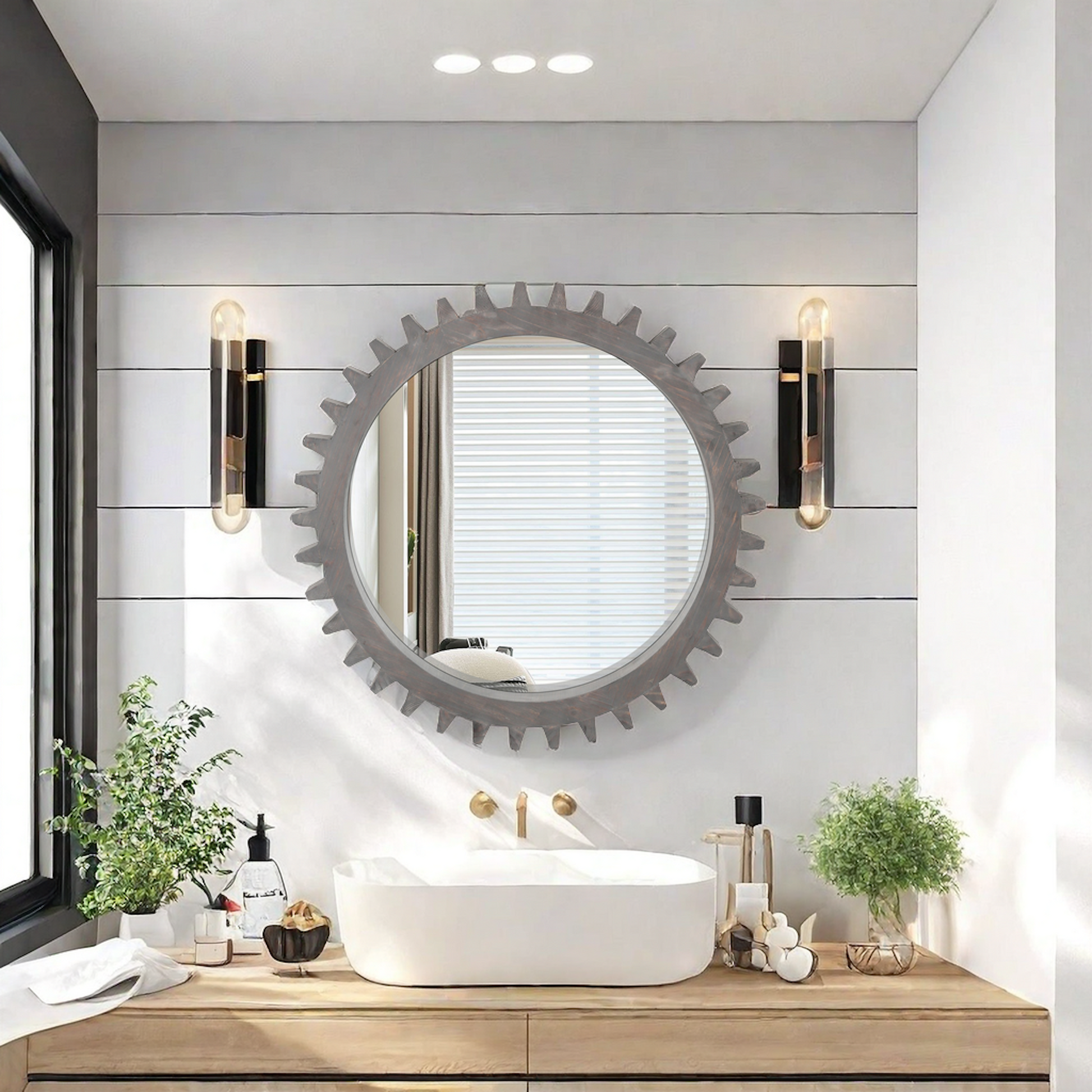 Vintage 34'' X 34'' Wood Round Hanging Gear Shape Heavy Decorative Mirror For Bathroom Living Room Entryway Or Put Together To Your Liking Antique Dark Brown Dark Brown Glass Mirror