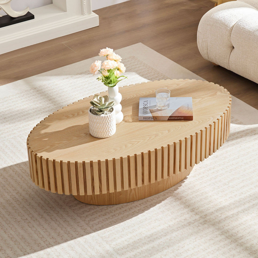 Modern Handcraft Drum Coffee Table Length 43.7 Inch Ellipse Coffee Table For Living Room,Oval Small Coffee Table With Sturdy Pedestal,Natural Ash Mdf Natural Ash Mdf