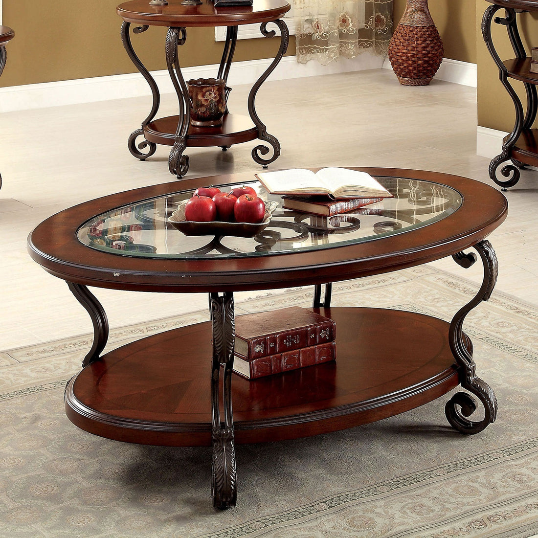 Traditional Style Brown Cherry 1Pc Coffee Table Open Bottom Shelf Ornate Design Glass Top Living Room Furniture Brown Multi Brown Primary Living Space Classic,Contemporary,Ornate Traditional,Traditional Open Storage Oval Coffee & End Tables Solid Wood