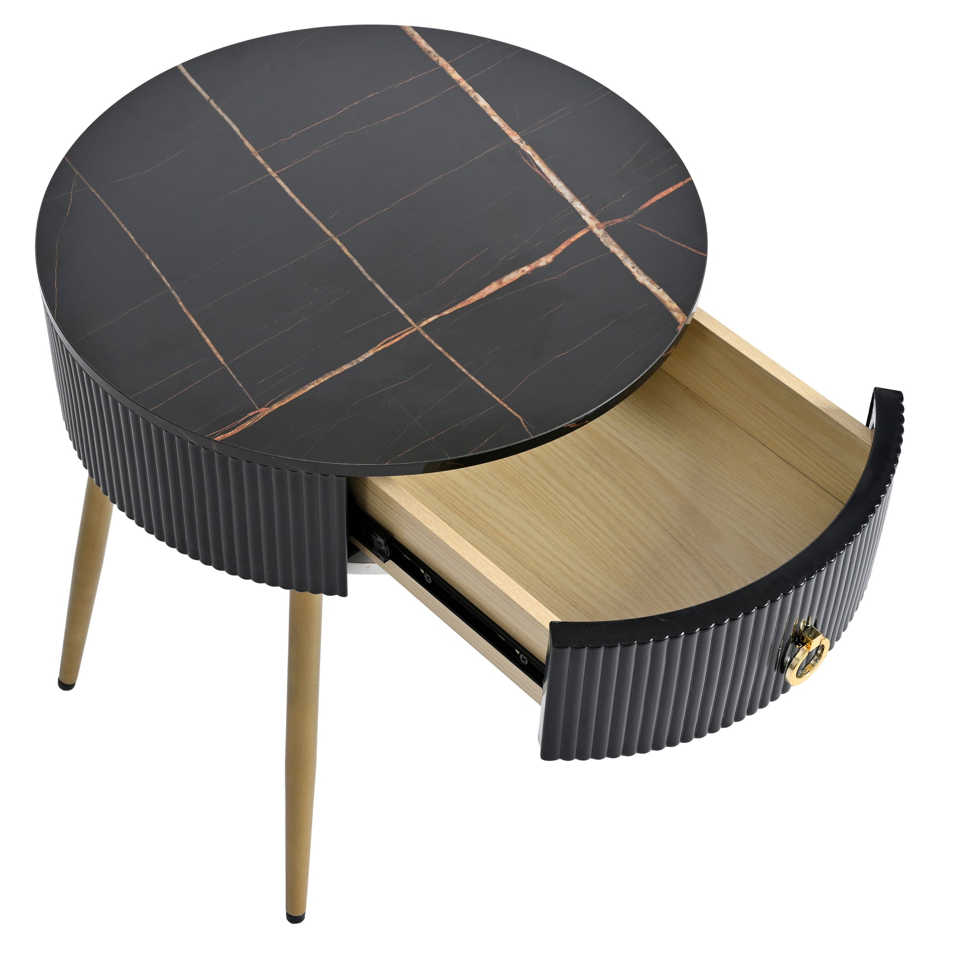19.6'' Easy Assembly End Tables With High Gloss Faux Marble Tabletops, Set Of 2, Modern Fluted 2 Side Tables With Drawers, Round Coffee Tables With Golden Legs For Living Room, Black Black Gold Primary Living Space Drawers Round Mdf Iron