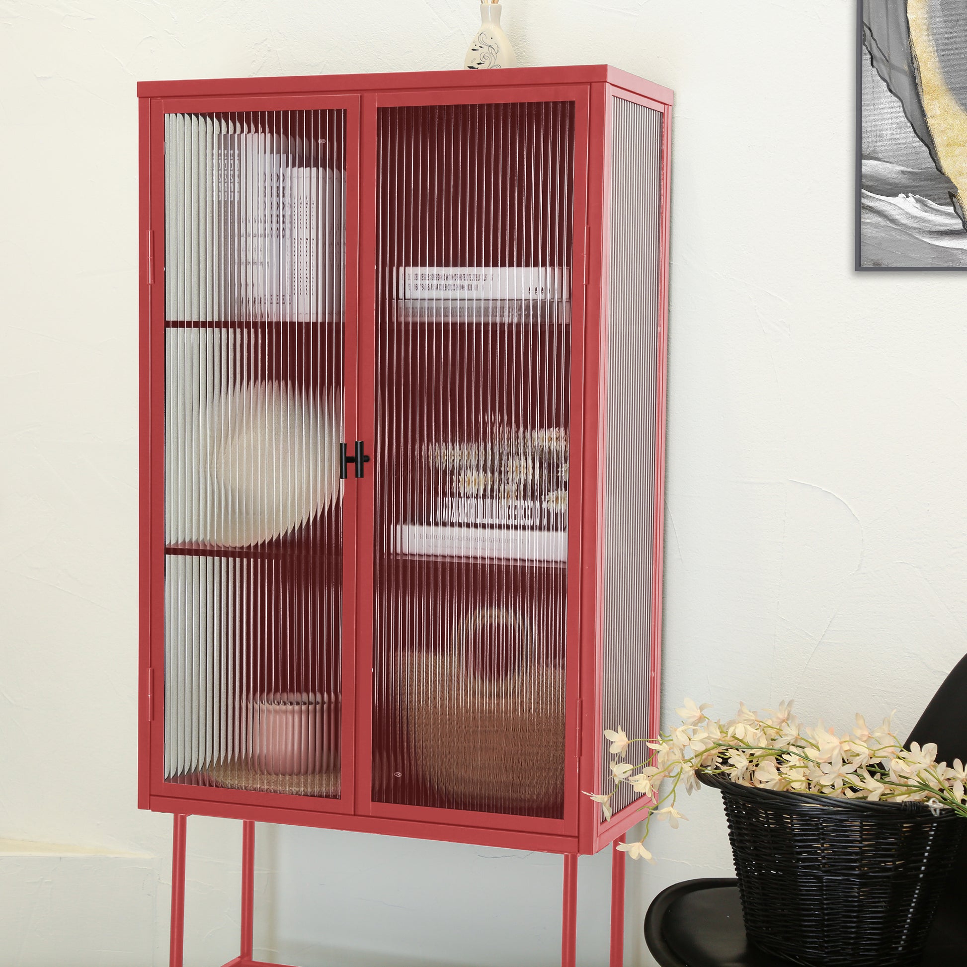 Retro Style Red Tall Freestanding Display Cupboard Stylish Fluted Glass Storage Cabinet With Glass Doors Three Detachable Shelves Bottom Space For Office Dining Room Living Room Old Sku:W68751710 Red Steel