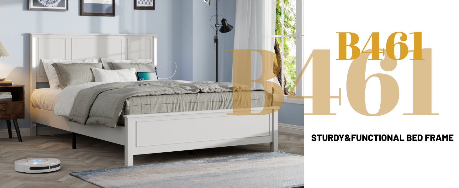 Queen Size Bed Frame, Platform Bed Frame With Wood Headboard And Footboard,Charging Station And Led Lights, 12 Wood Slats Support, No Box Spring Neededantique White Box Spring Not Required Queen