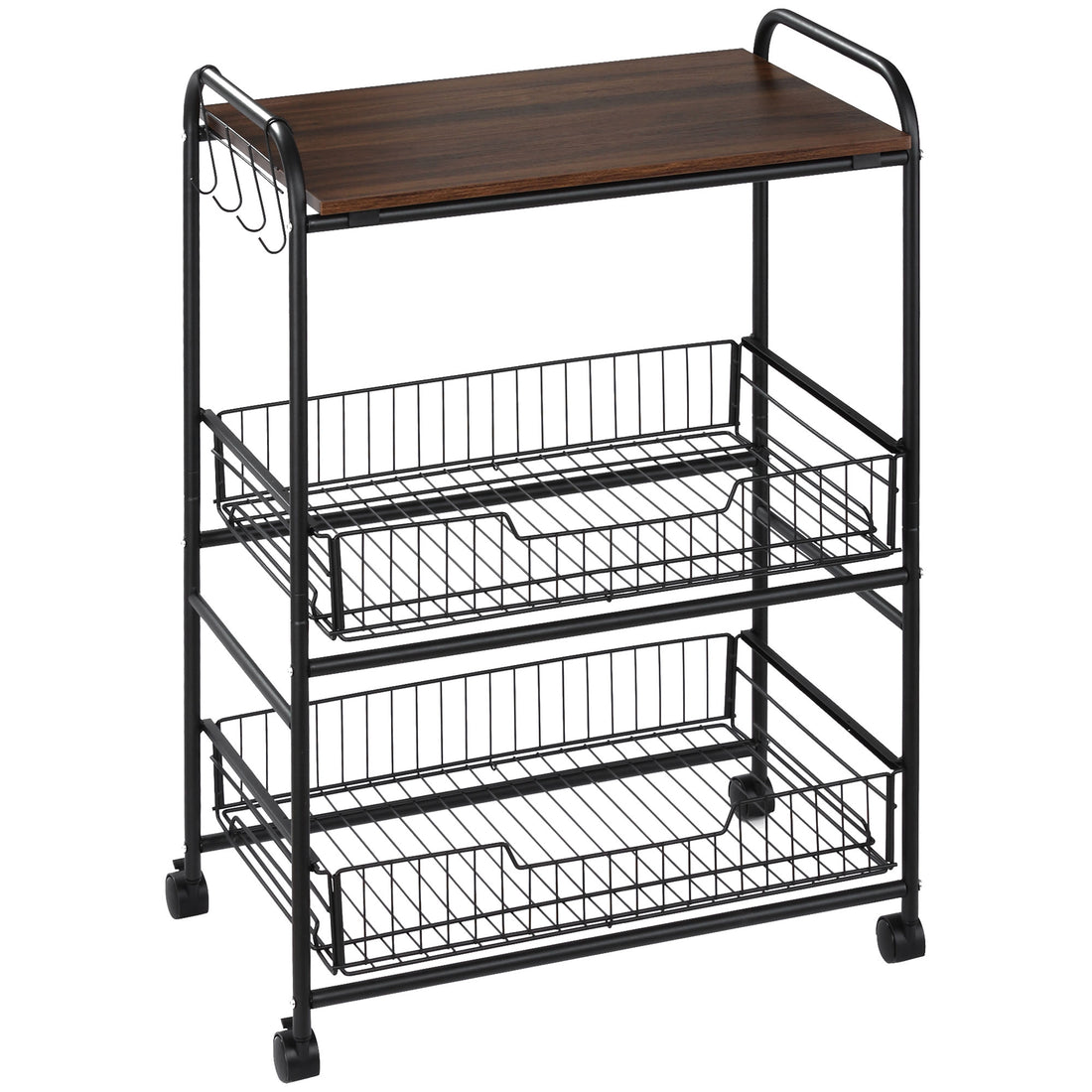 Homcom 3 Tier Rolling Kitchen Cart With Storage, Kitchen Island Cart On Wheels With 2 Sliding Fruit Basket, Microwave Cart With Side Hooks For Dining Room, Walnut Walnut Mdf Metal