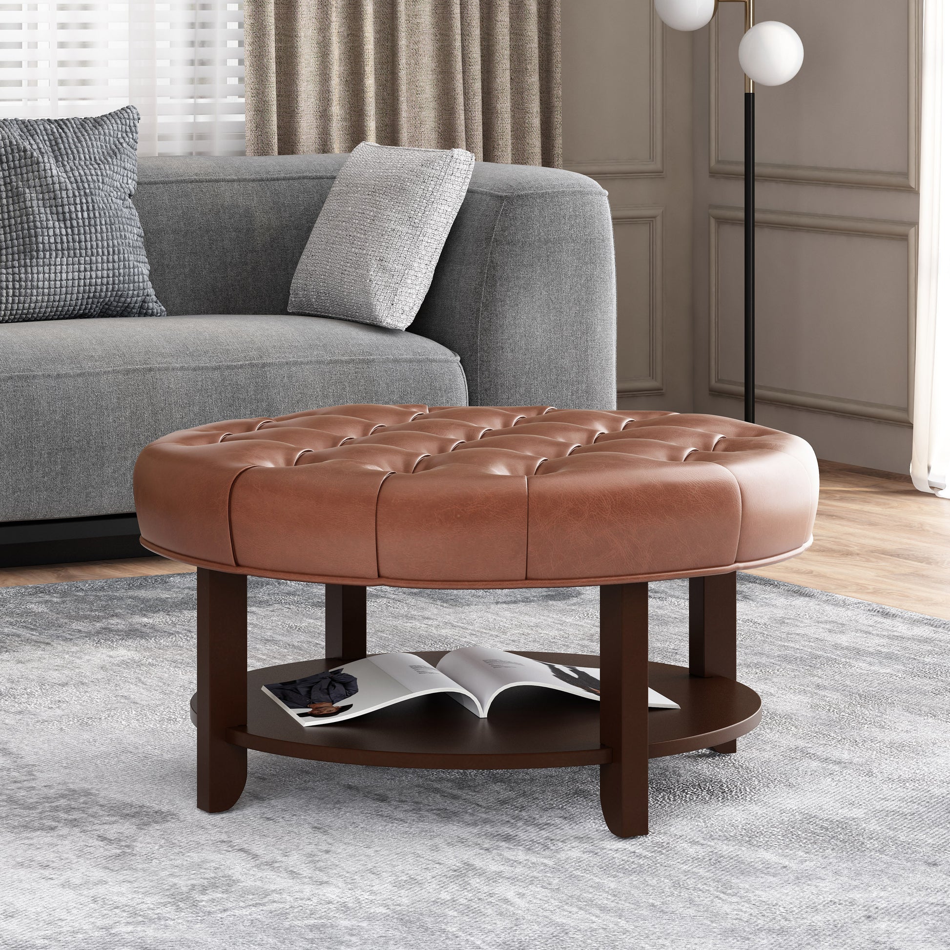 Round Ottoman Light Brown Pu