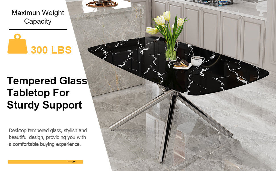 Table And Chair Set.Table And Chair Set.Modern Luxurious Black Marble Patterned Tempered Glass Dining Table With 8 Black Pu Chairs.Multiple High Quality Pu Dining Chairs With Silver Legs.