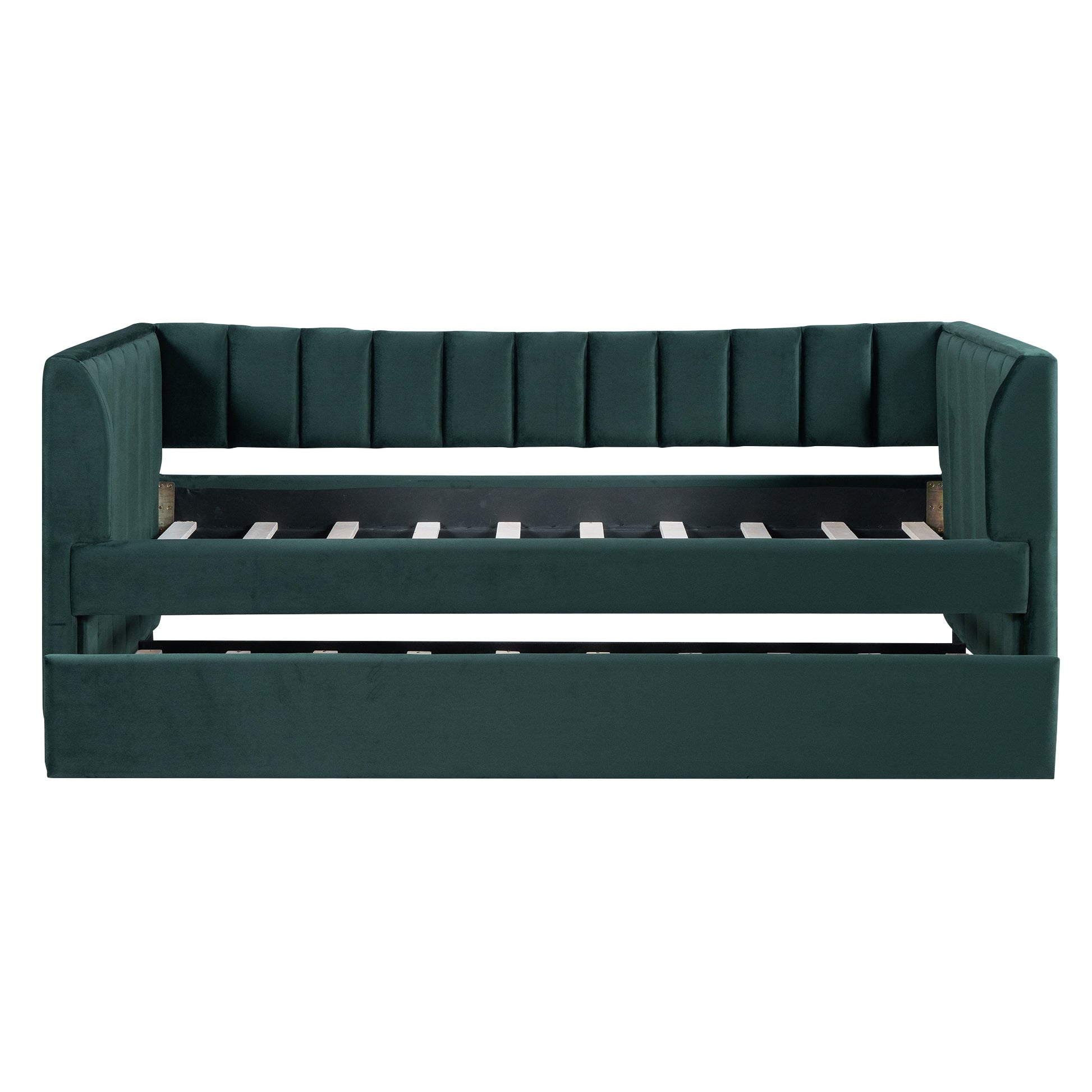 Twin Size Upholstered Velvet Daybed With Trundle, Green Box Spring Not Required Twin Green Wood Bedroom Bed Frame Velvet Upholstered