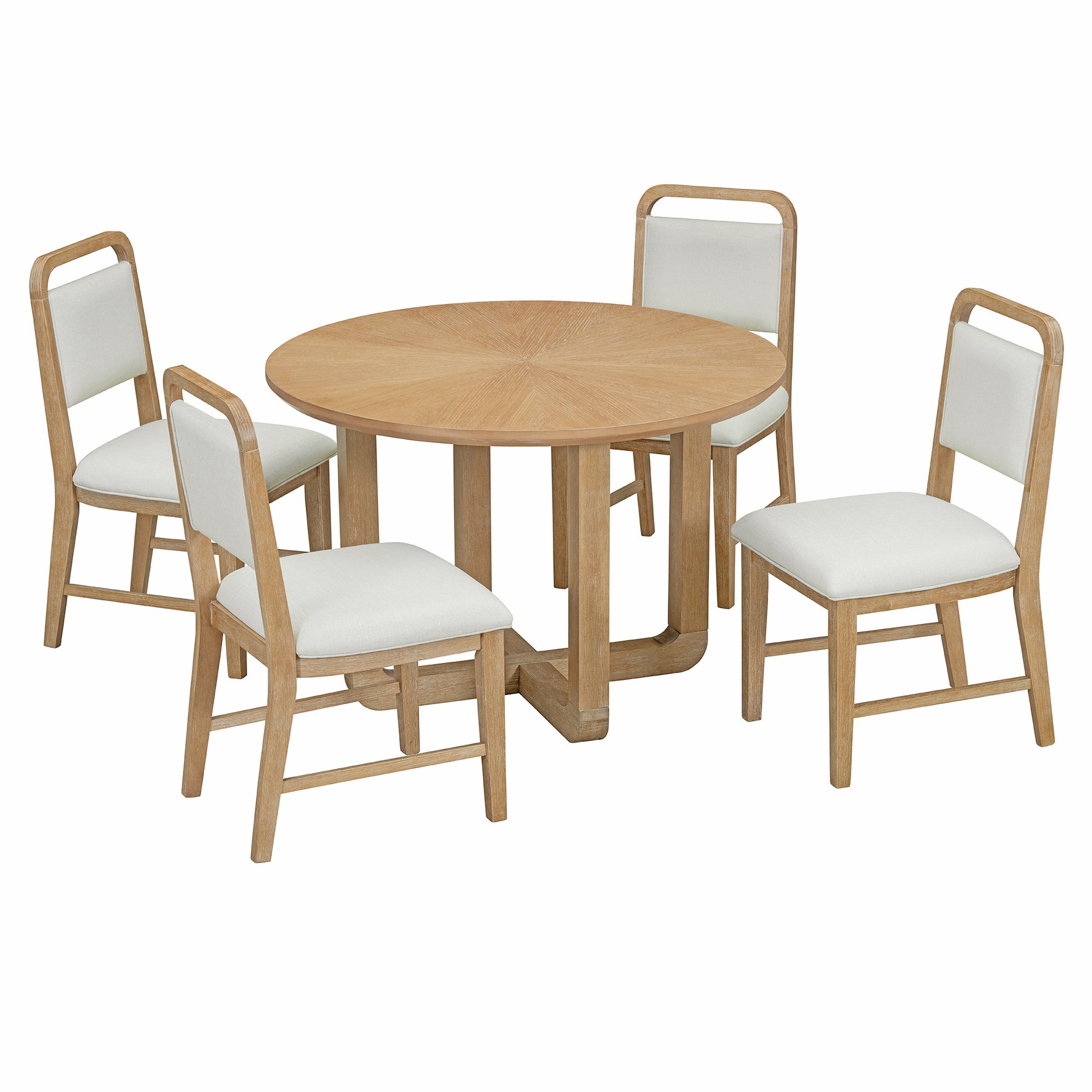 5 Piece Retro Dining Set, Round Table Top With Radial Wood Grain Design And 4 Upholstered Chairs For Dining Room And Kitchen Natural Wood Wash Natural Wood Wash Solid Wood Mdf