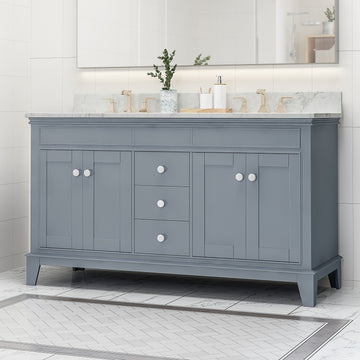 61'' Bathroom Vanity With Marble Top & Double Ceramic Sinks, 3 Drawers, 4 Doors, Gray Gray Plywood