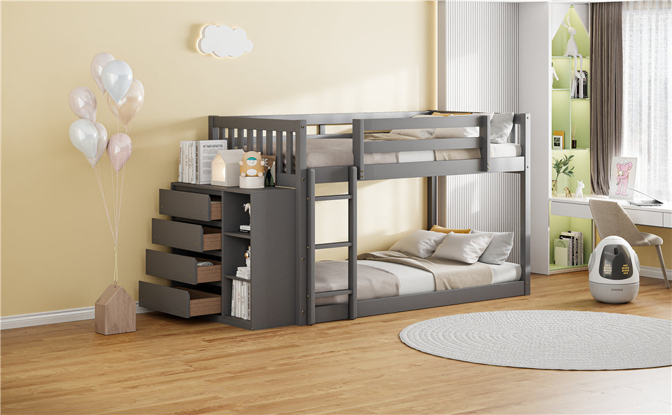 Twin Over Twin Bunk Bed With 4 Drawers And 3 Shelves Gray Twin Gray Solid Wood