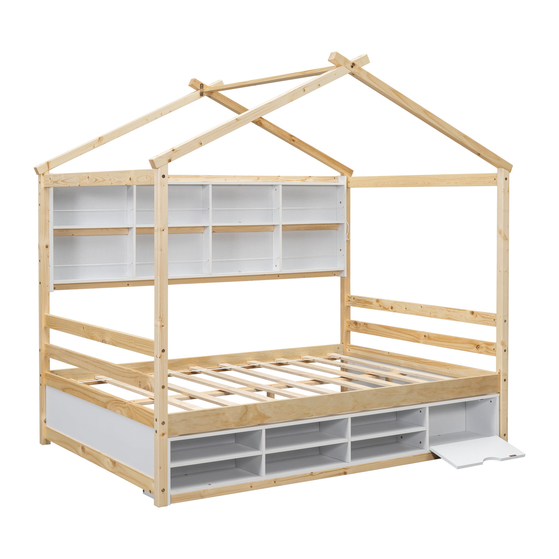 Full House Bed With Roof Frame, Bedside Shelves, Under Bed Storage Unit,Natural Full Natural American Design Pine