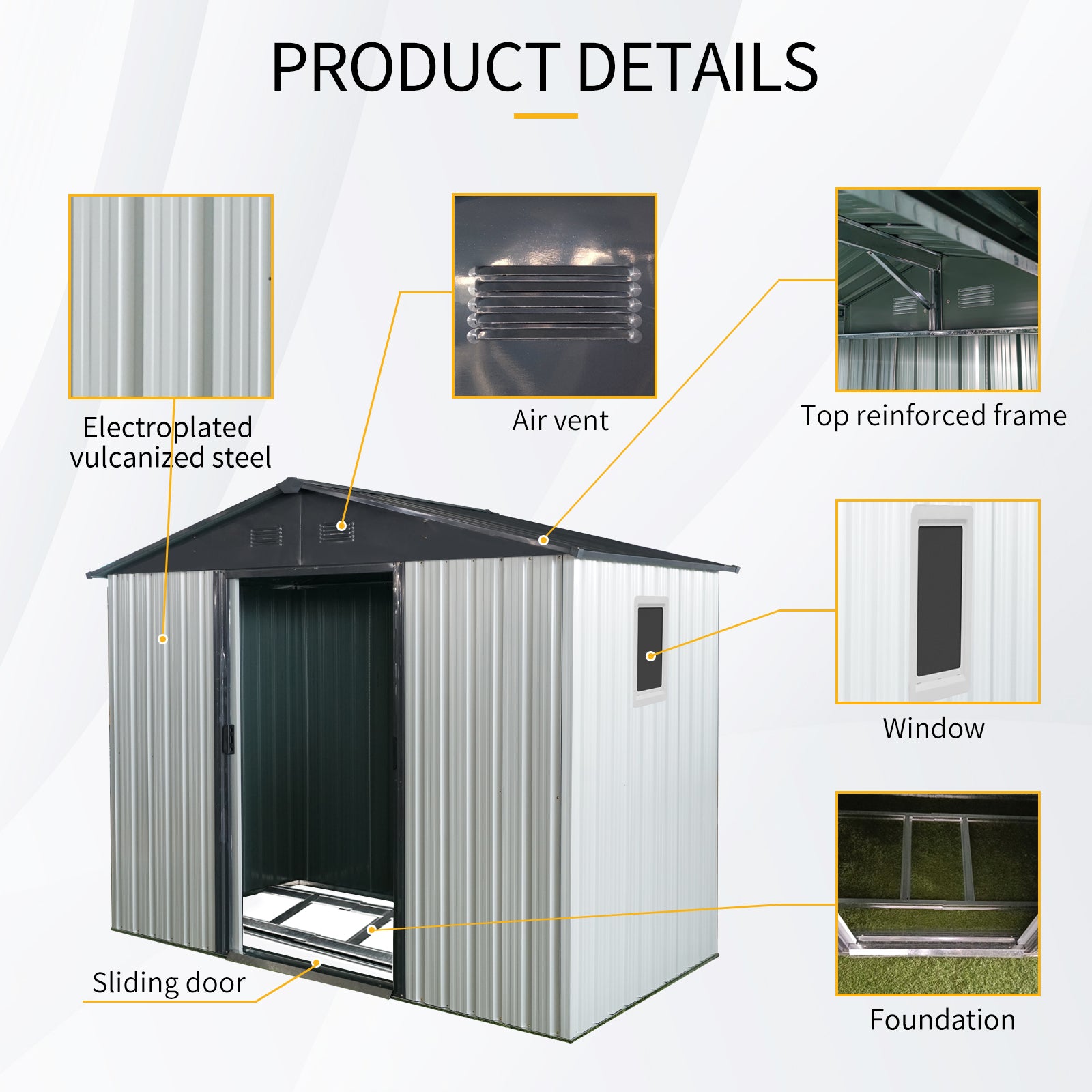 8Ft X 4Ft Outdoor Metal Storage Shed With Window And Metal Foundation For Backyard, Patio, Lawn White And Black White Black Metal