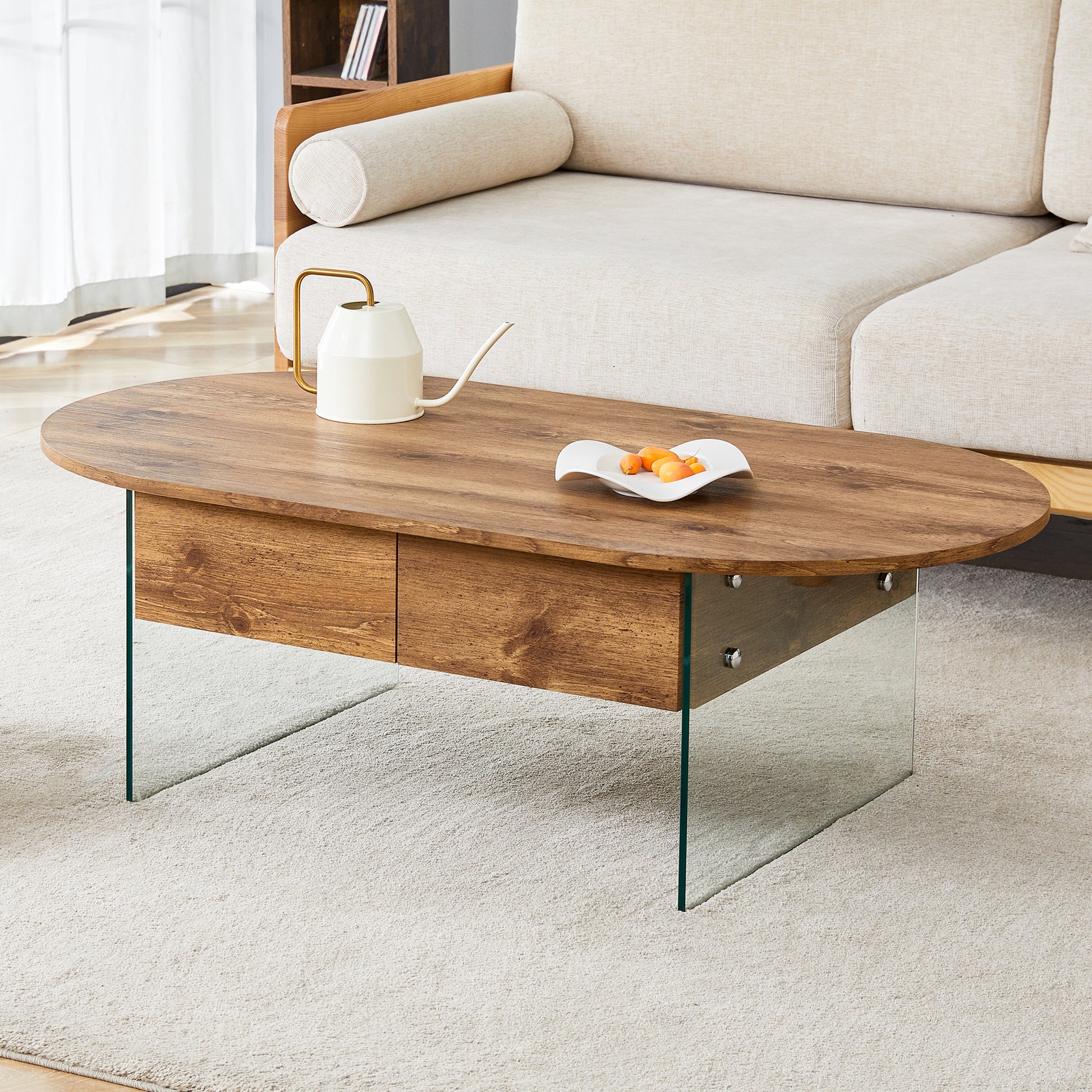 Coffee Table With Double Drawers. The Board Surface Is Mdf Sticker, And Both Sides Are Transparent Tempered Glass. The Design Is Simple And Elegant, With Excellent Storage Functions. Wood Mdf Glass